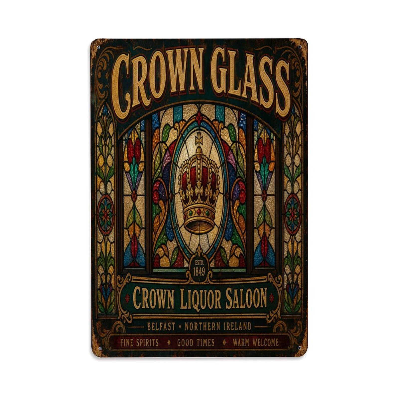 Belfast Pub Stained Glass Northern Ireland Heritage Metal Tin Sign Plaque Wall Decor for Cafe, Man Cave, Club Bar, Office, Home Garden Round Metal Poster 8x12Inch
