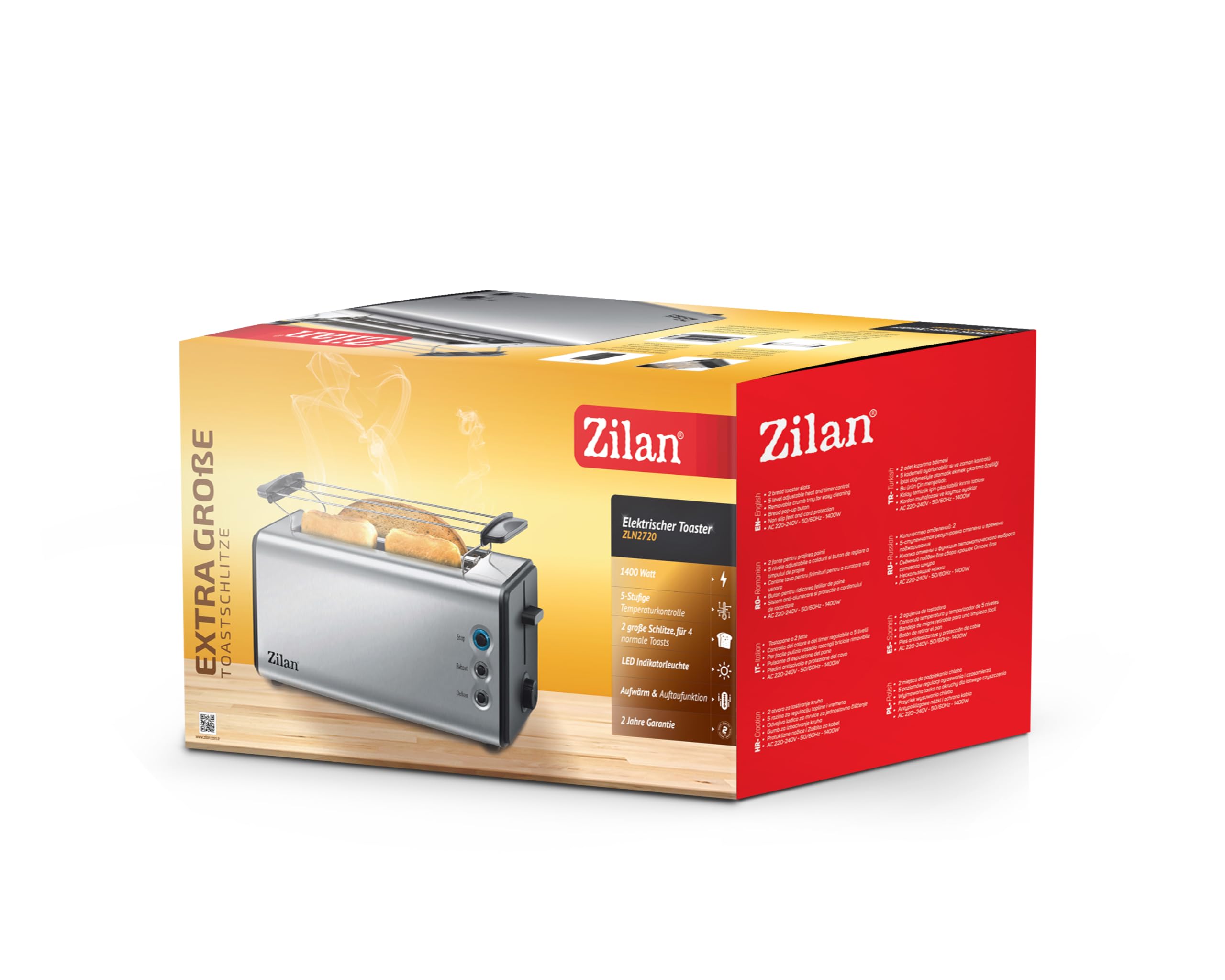 Zilan, Grille-pain à fente longue, 4 tranches de Toastautomatique, XXL, 5 niveaux de rôtissage, accessoire de pain, fonction décongélation, tiroir ramasse-miettes en acier inoxydable