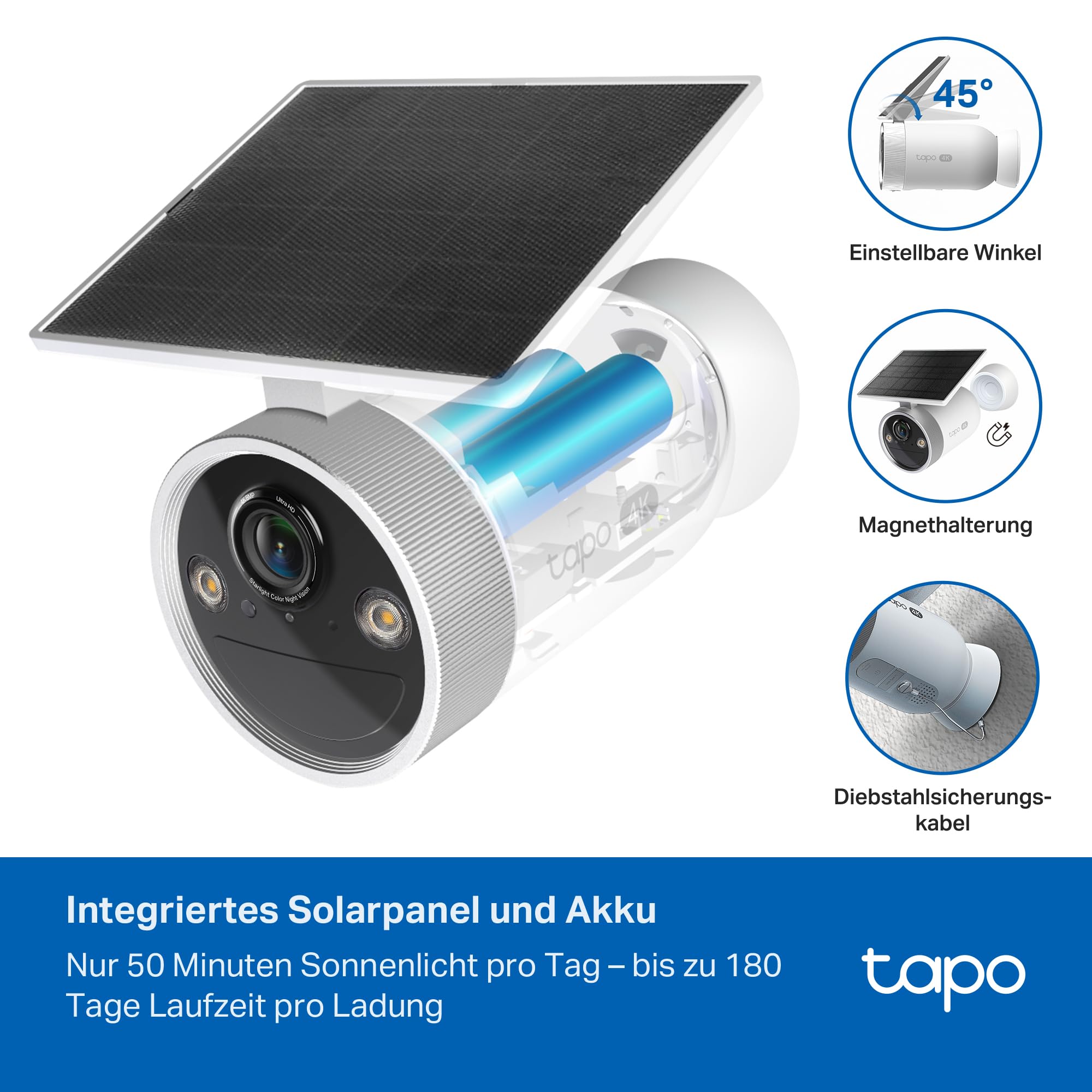 Tapo C465 Solar Außenkamera Akku, 4K 8MP, Farbnachtsicht, kostenlose KI-Erkennung, 2-Wege-Audio, lokale Speicherung über microSD-Karte oder H500-Homebase, 2,4 GHz / 5 GHz WLAN, Magnethalterung