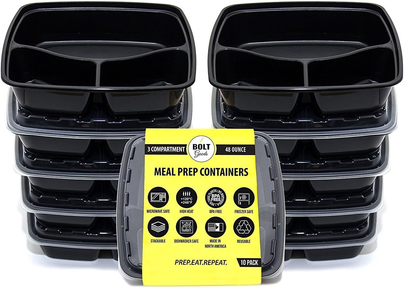 SALE! 3 Compartment Plastic Meal Prep Containers (10 Pack) Durable Food Storage Bento Box Lunch Bowl with Deli Airtight Lids for Portion Control 21 Day Fix BPA-Free USA MADE Reusable