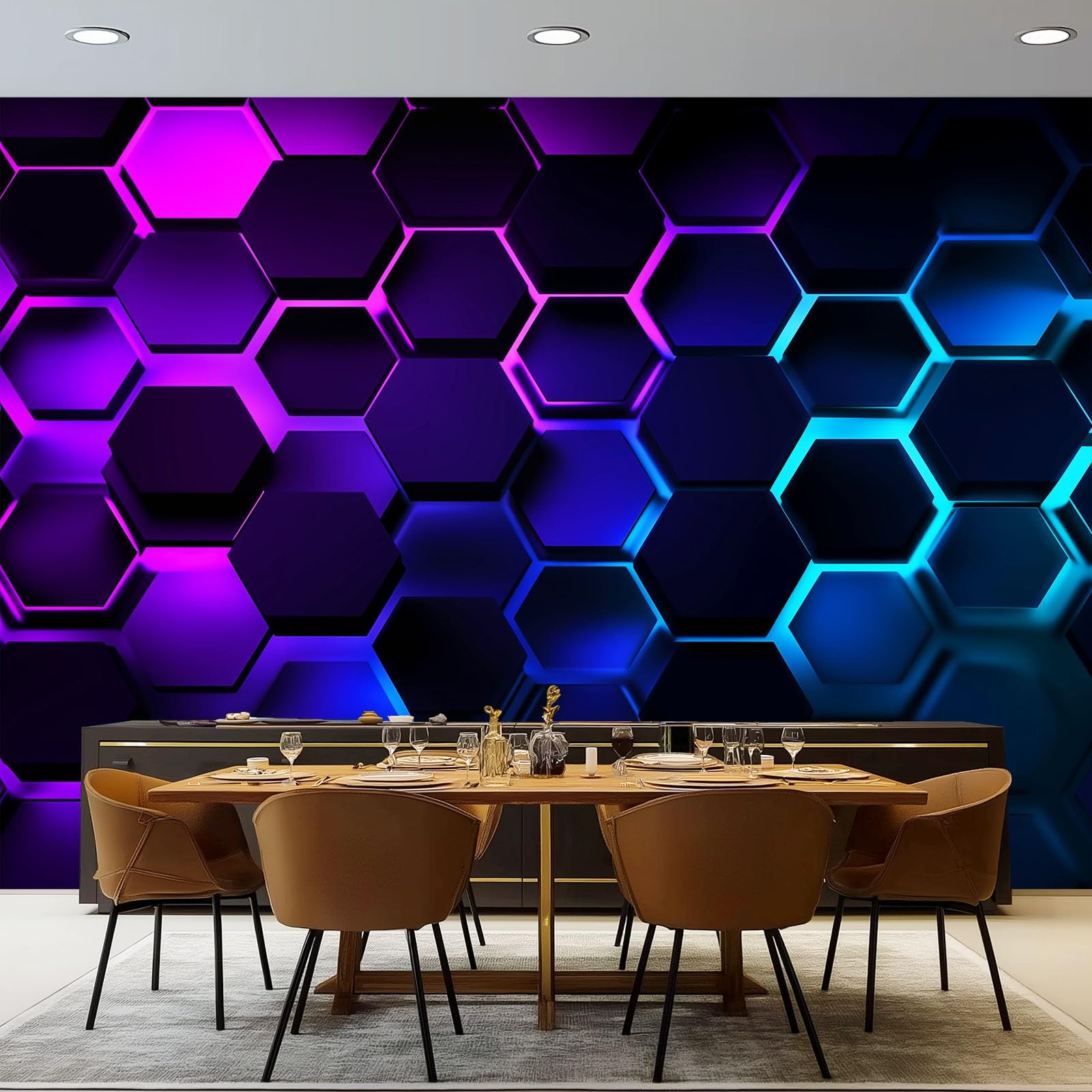 Custom Size Photo Wallpaper, Simple Neon Hexagons Theme Non-Woven Mural Wallpaper, Black Wall Art 3D Mural Decoration for Gaming Room Living Room Bedroom Kitchen Office, 400 x 280 cm