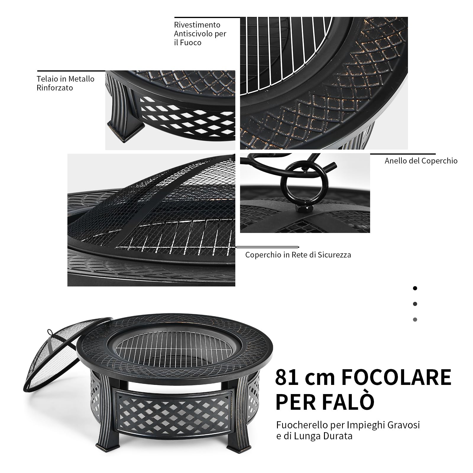 COSTWAY Braciere da Giardino, 3 in 1 Braciere da Esterno con Copertura Protettiva, Copertura Antipioggia e Attizzatoio, Diametro: 50 cm, per Campeggio, Cortile, Patio