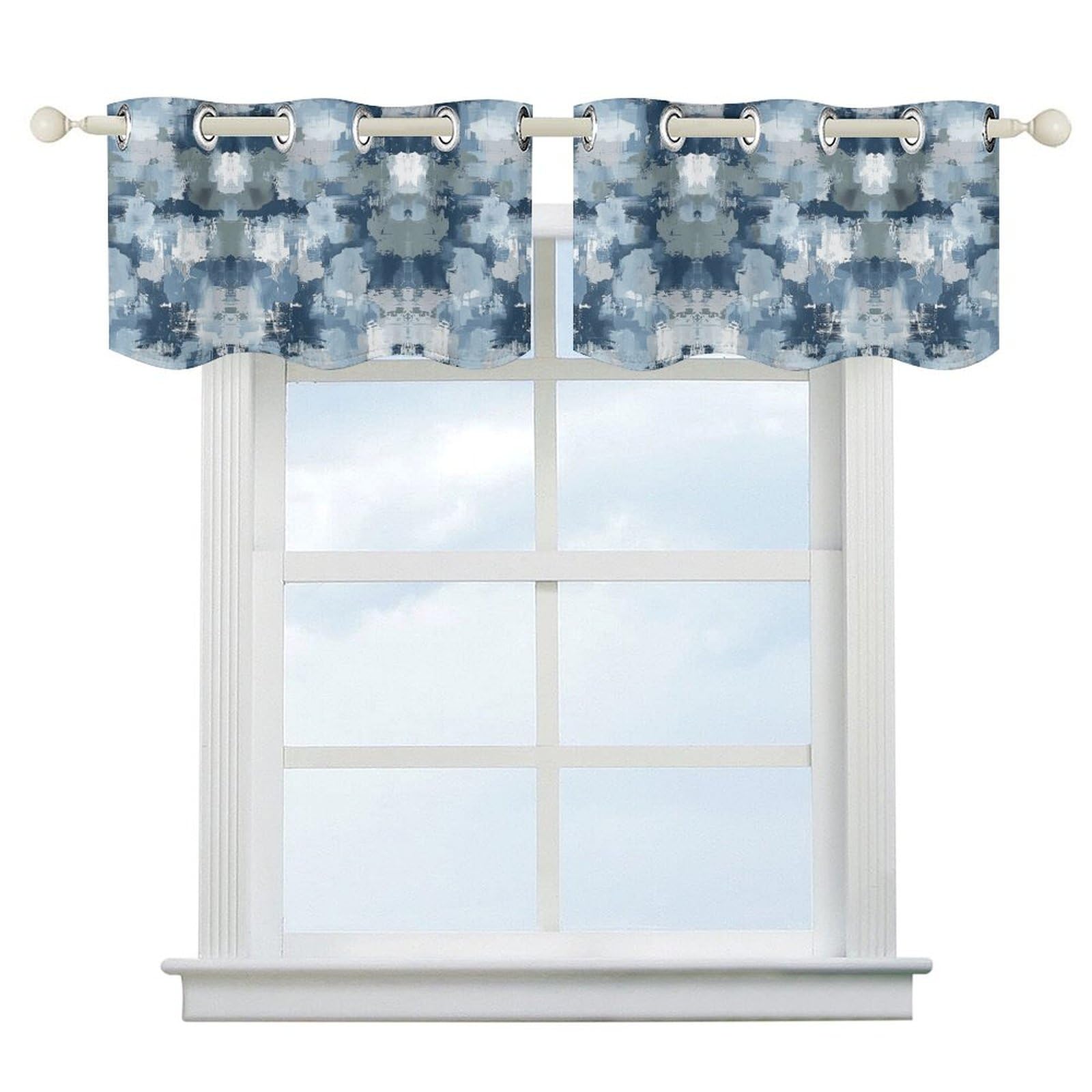 Cantonnière de cuisine à motif bleu et gris pour tamiser la lumière de la salle de bain