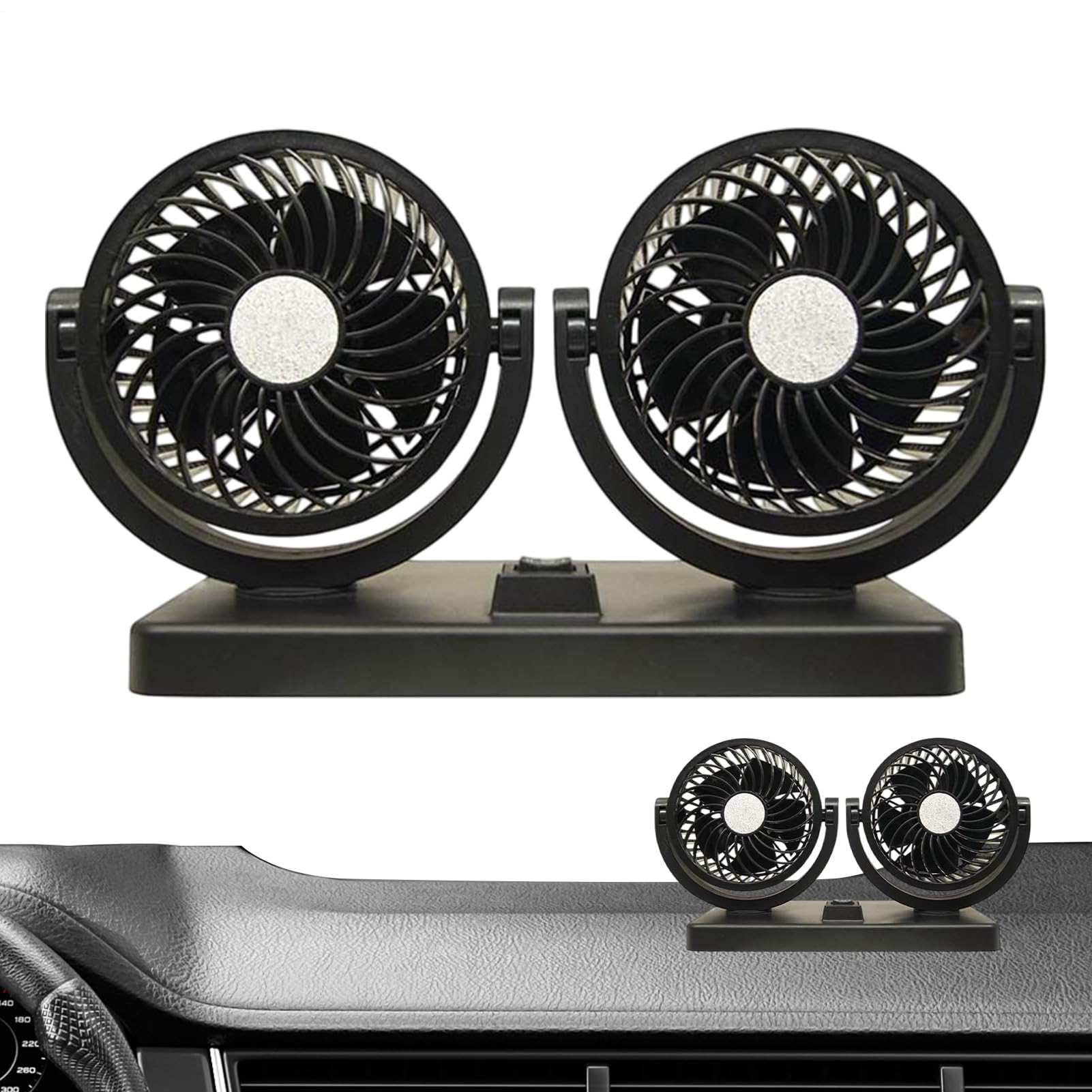 Ventilateur de voiture portable à 2 têtes rotatives 12V pour tableau de bord