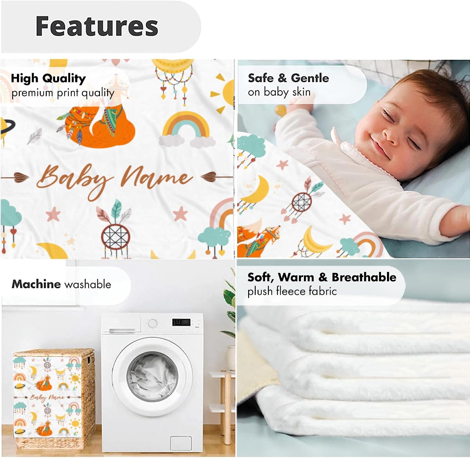 Personalized Boho Native American Baby Blanket with Name, Soft Plush Customized Baby Throw, Newborn Receiving Swaddle, Unique Shower Gift, Unisex Design