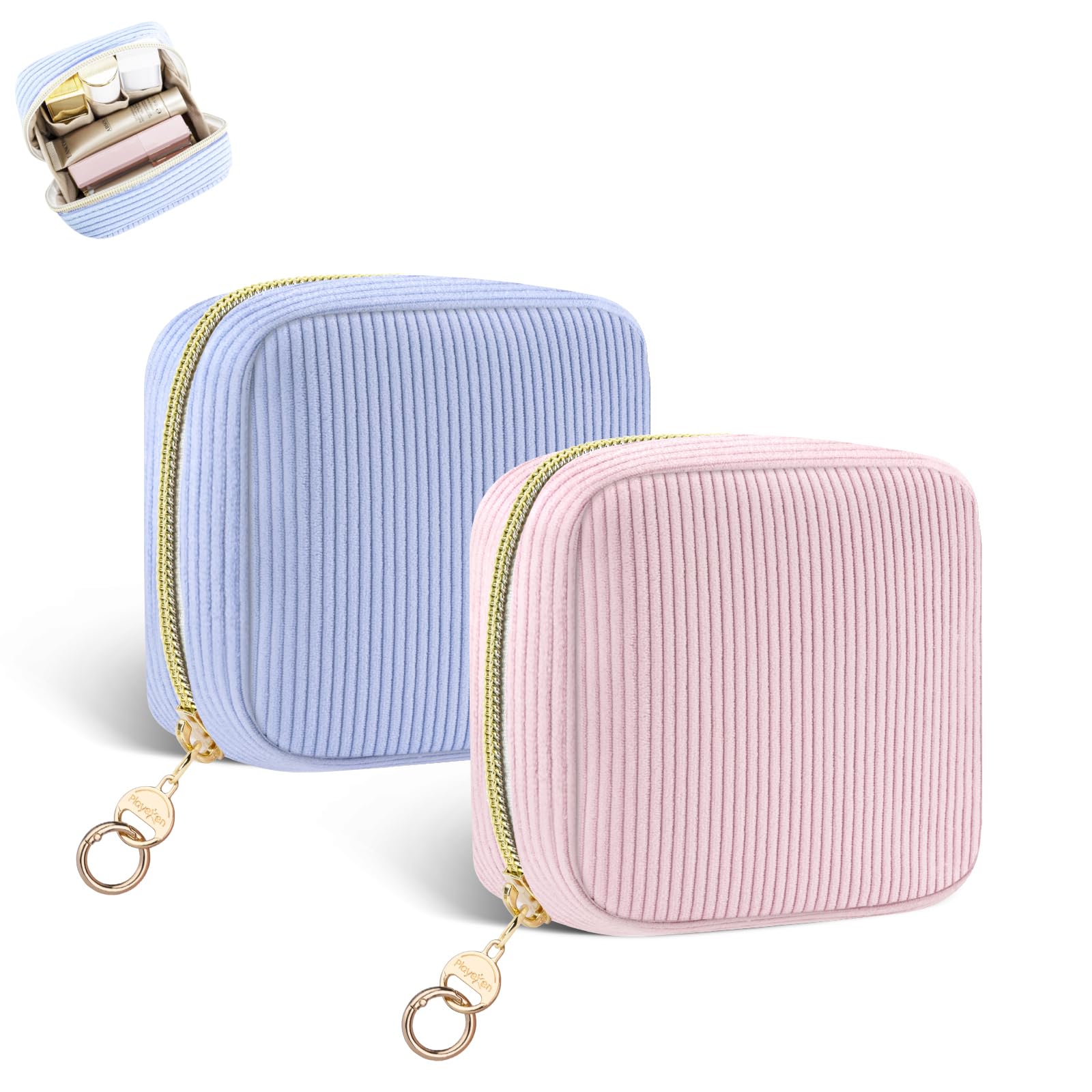 2 Stück 10*10*5cm Mini Tasche Kleine Kosmetiktasche für Handtasche Damen Schminktasche Make-up-Tasche für Reise Zubehör Geldbeutel Kulturbeutel mit Schlüsselring Geschenk Beste Freundin(Rosa&Blau)