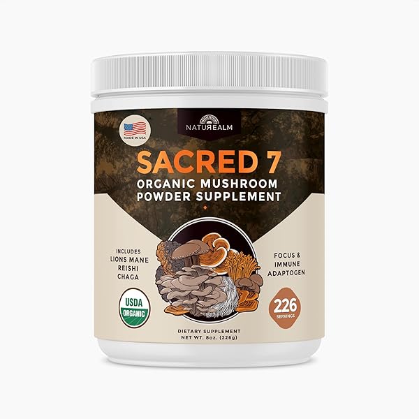 Sacred 7 Mushroom Powder Supplement, 7-in-1 Blend (7 Month Supply) | Immune Defense, Focus & Energy Support | Coffee Enhancer | Lion’s Mane, Reishi, Chaga | Organic 100% Fruiting Body Extract