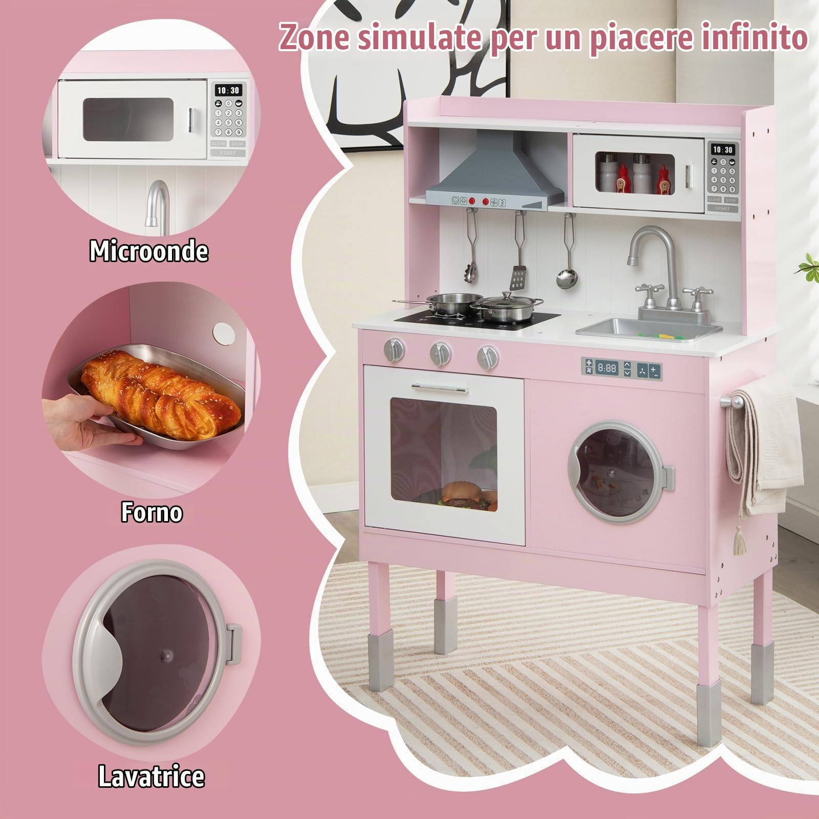 FANTASK Cucina per bambini con accessori da gioco, cucina in legno con cappa aspirante e lavatrice e suoni e luci reali, set da gioco per bambini dai 3 anni in su, rosa (71 x 29 x 101 cm)