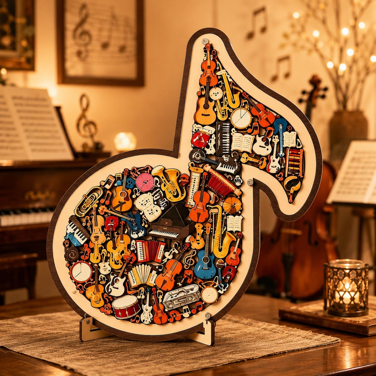 Musical Note Instrument Jigsaw Puzzle Ornament, 3D Wooden Music Note Puzzle, Stunning Display Art with Various Fragments Interior and Classic Musical NoteOuter, for Music Into Tangible Gift