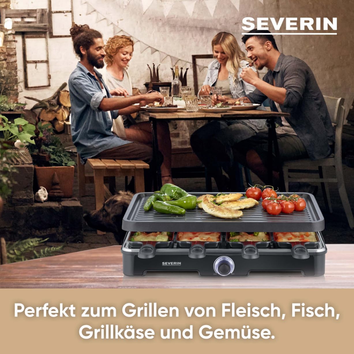 Severin Raclette-Grill 1400W Tischgriff mit Keramik- & Antihaftbeschichtung 8 Pfännchen RG 9670 schwarz