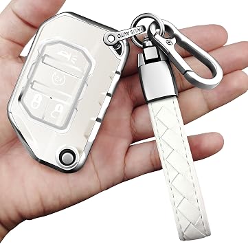 for Jeep Key Fob Cover with Keychain Soft Full Protection Key Shell Key Case Compatible with Jeep Gladiator JT Sahara JLU 2018-2026 Wrangler JL JLU Rubicon White