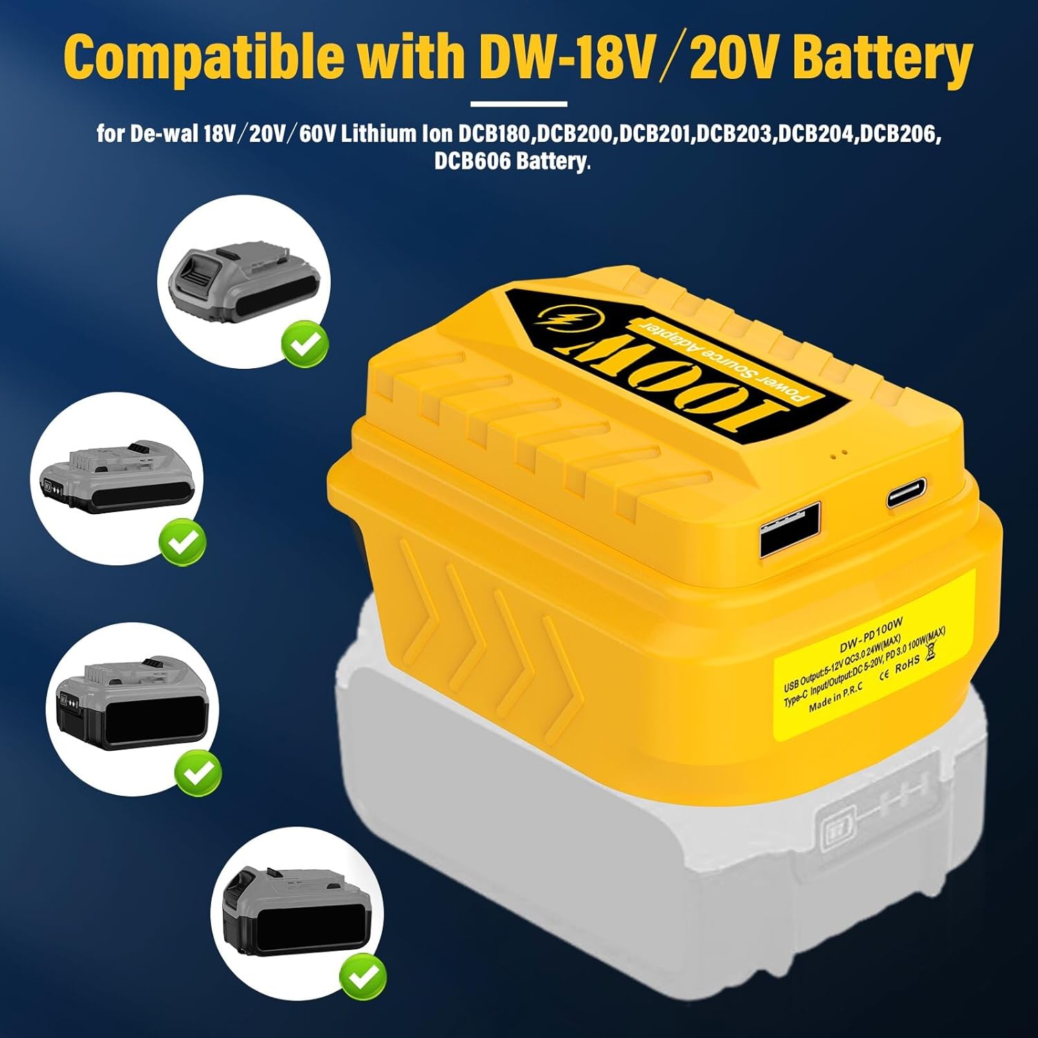 PD100W USB Battery Adapter for Dewalt 20V Battery, with Type-C Port & USB Port for Dewalt 20V Batterie & Electronic Device and Phone Charger