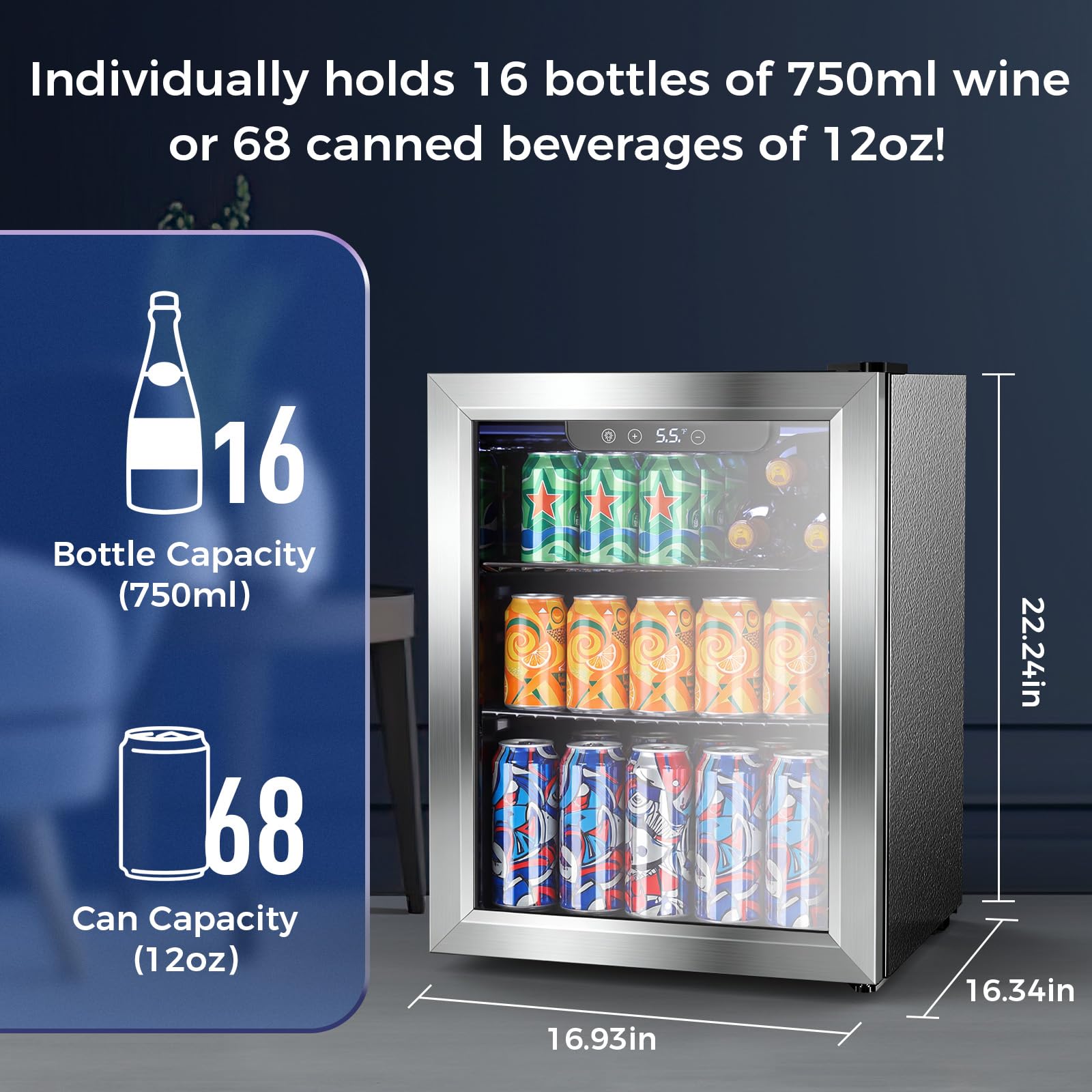 COWSAR 1.7 Cu Ft Beverage Refrigerator and Mini Fridge Cooler - 68 Can Capacity, Glass Door, Quiet Operation, LED Temperature Control, Holds 16 Wine Bottles for Bar, Home, Office on Fridge.com
