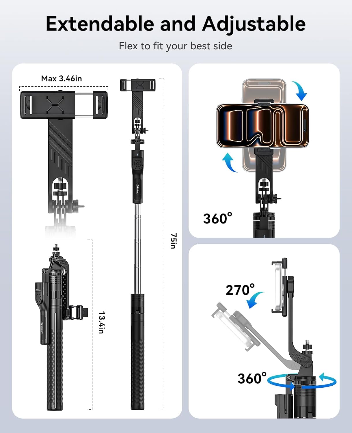 ORICO 75" Phone Tripod & Selfie Stick - 360° Rotatable Handle + Phone Holder for Multi-Angle Shooting, Wireless Remote, Extendable Stand for iPhone/Android/Camera/GoPro, Travel/Vlog/Recording - SPM190