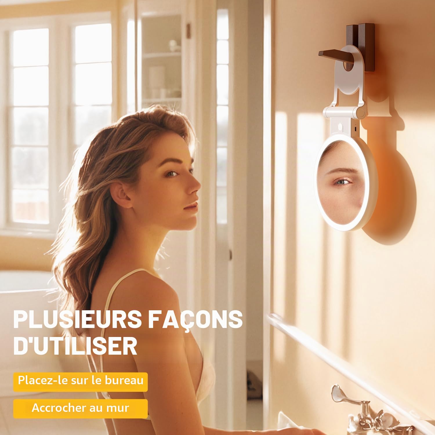 Auxmir Miroir Grossissant Lumineux Double Face 1X/30X, Miroir Maquillage 3 Couleurs D'éclairage, Luminosité Réglable, Batterie 2000mAh Rechargeable, Support 360°, Mural/Portable/Pliable