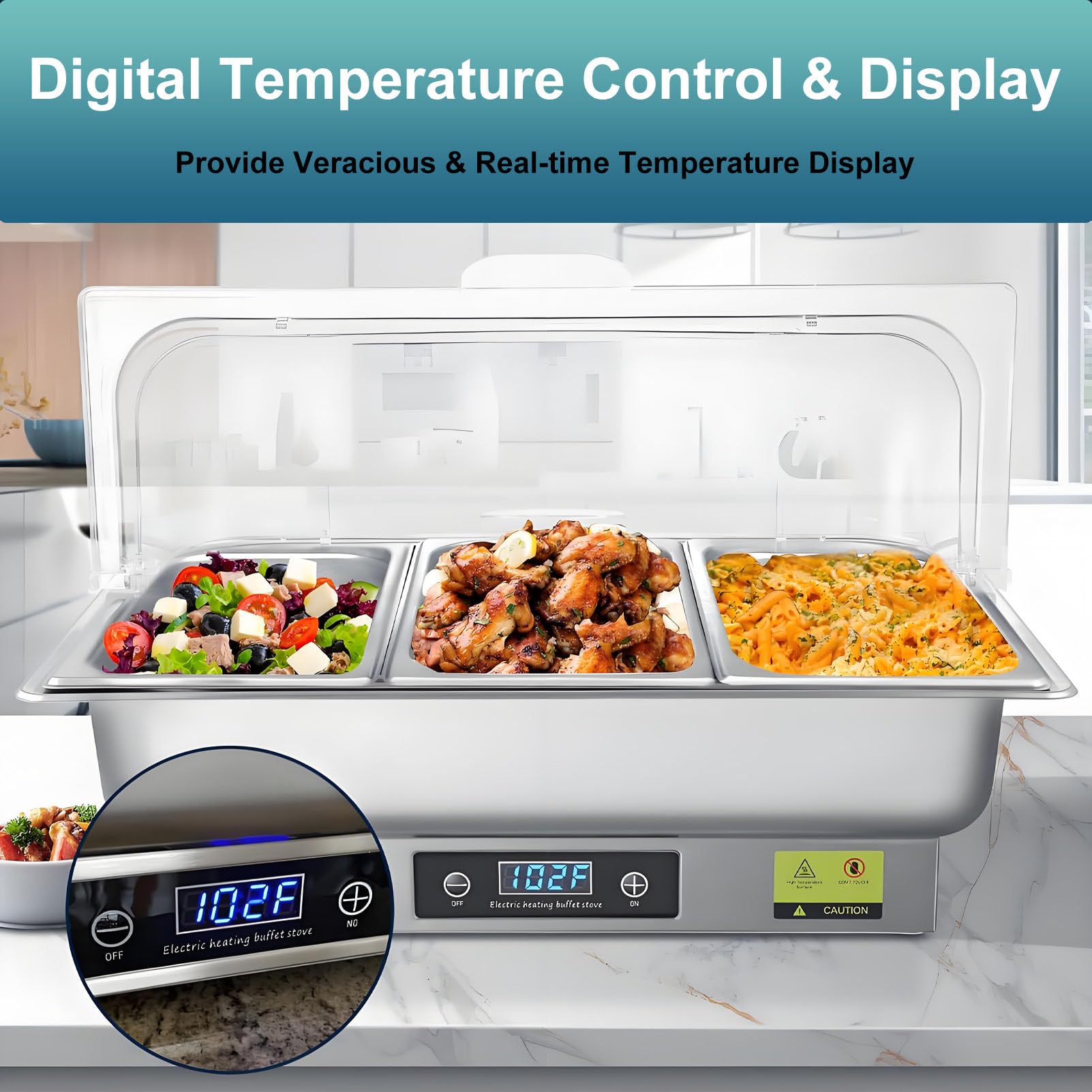 Elektryczny podgrzewacz do potraw Chafing Dish 9L, podgrzewacz do potraw ze stali nierdzewnej o mocy 600 W z regulacją temperatury do cateringu, wesel, restauracji i rozrywki 1Slot