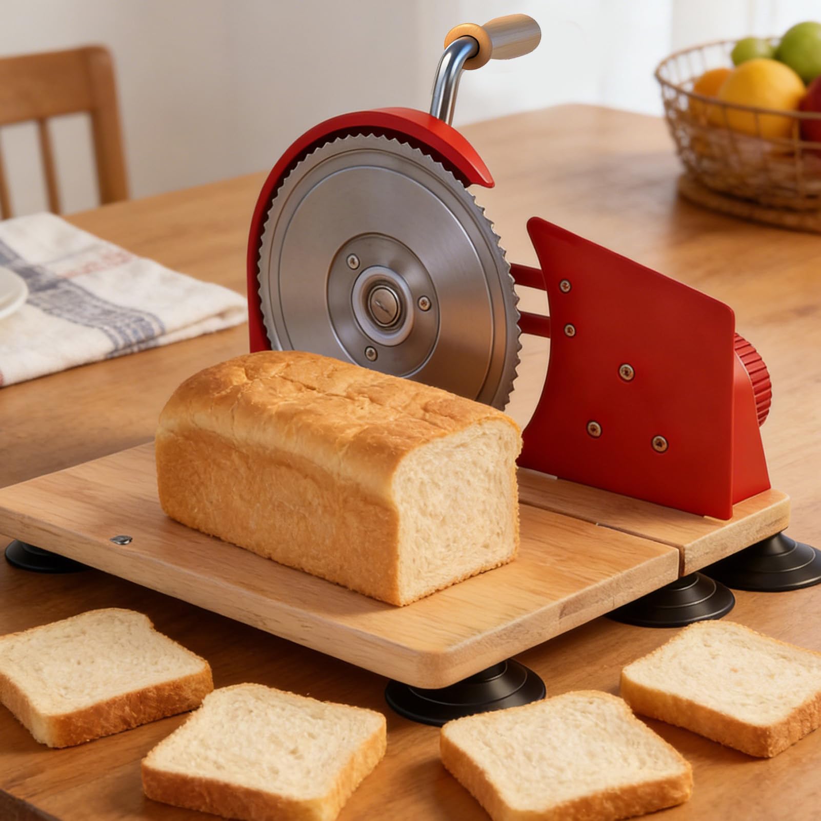 Luocute Manueller Brotschneider, Edelstahlklingen mit Einstellbarer Dicke für Gleichmäßiges Schneiden, mit Ergonomischem Griff für Sauerteig-Sandwiches, Toastbrot, Aufbewahrung von (Rot)