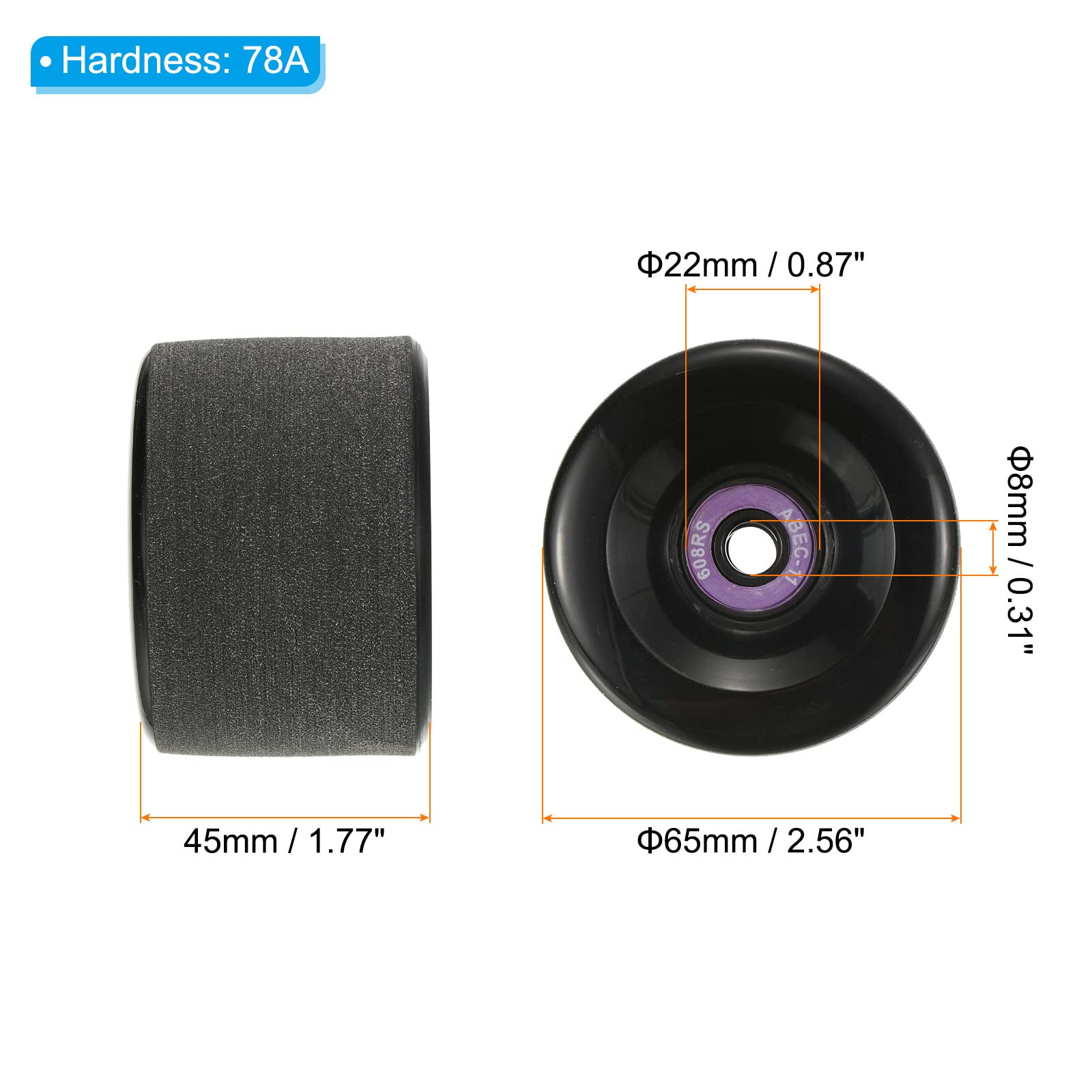 4 Roues De Skateboard 65mm 78A - Oranges, PU Givré, Pour Cruiser, Uxcell