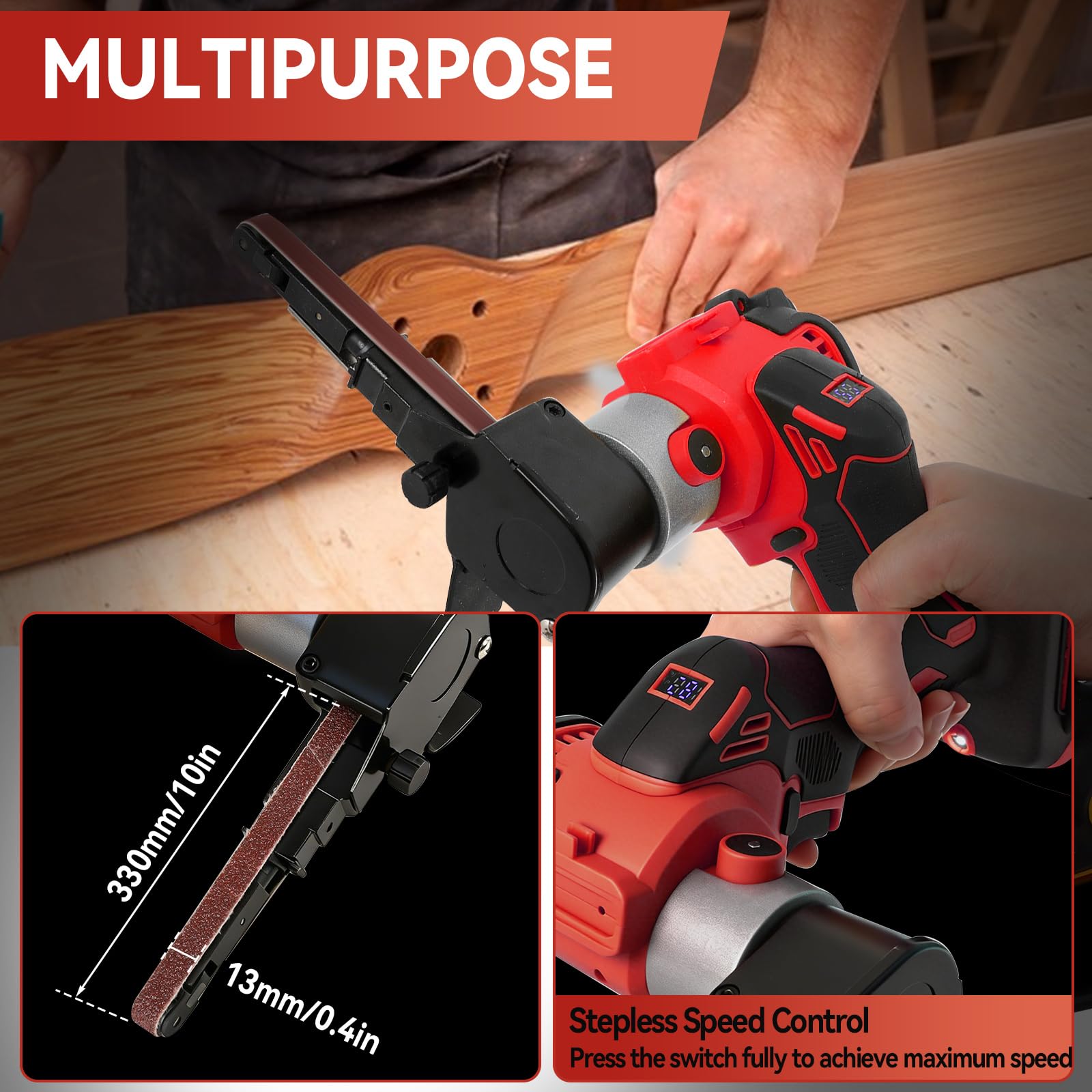 Akku-Bandschleifer Kompatibel mit Milwaukee M18 18V Akku, 0-13000RPM Bürstenloser Detailschleifer, 360° Verstellbarer Bandschleifer mit 20 Schleifbändern für Holz, Metall, Kunststoff