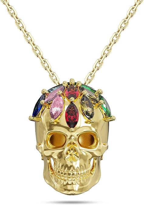 Skull Necklace for Women, Sterling Silver Sugar Skull Pendant with 16K Gold Plated and 5A CZ, Bold Statement Colorful Skeleton Jewelry Christmas Gift for Women on Birthday Anniversary Halloween Christmas for Wife Girlfriend Her