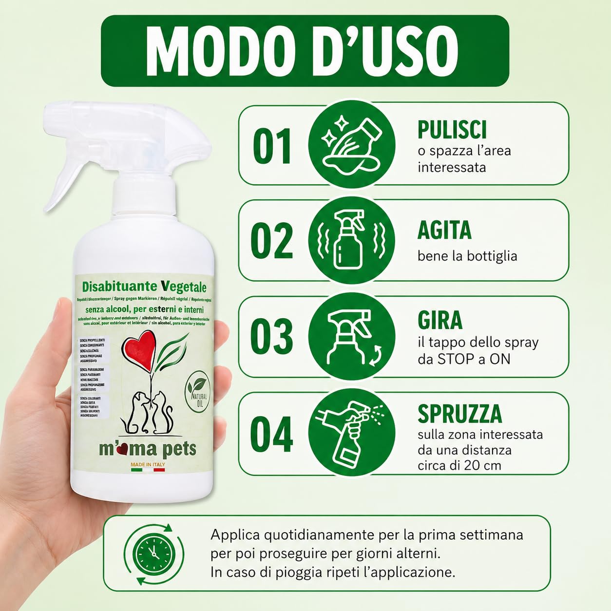 M' MA PETS Repellente Disabituante per Cani e Gatti 100% Naturale, Made in Italy - Spray Anti Urina Uso Interno ed Esterno – Formula Green a Base Vegetale Senza Alcool - 500ml