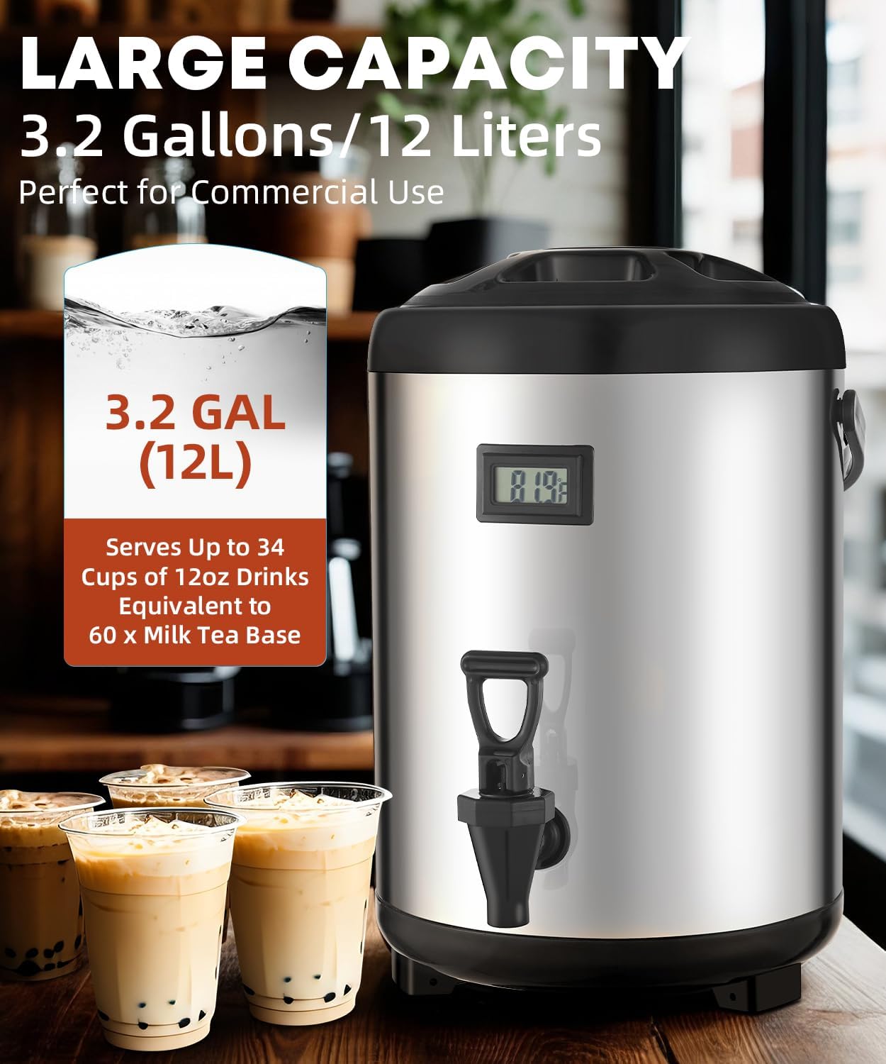 3.2 gallon insulated beverage dispenser, 12l thermal coffee and drink server with spigot, non-electric hot & cold drink container for juice, tea, milk, or chocolate 3.2 gallon size
