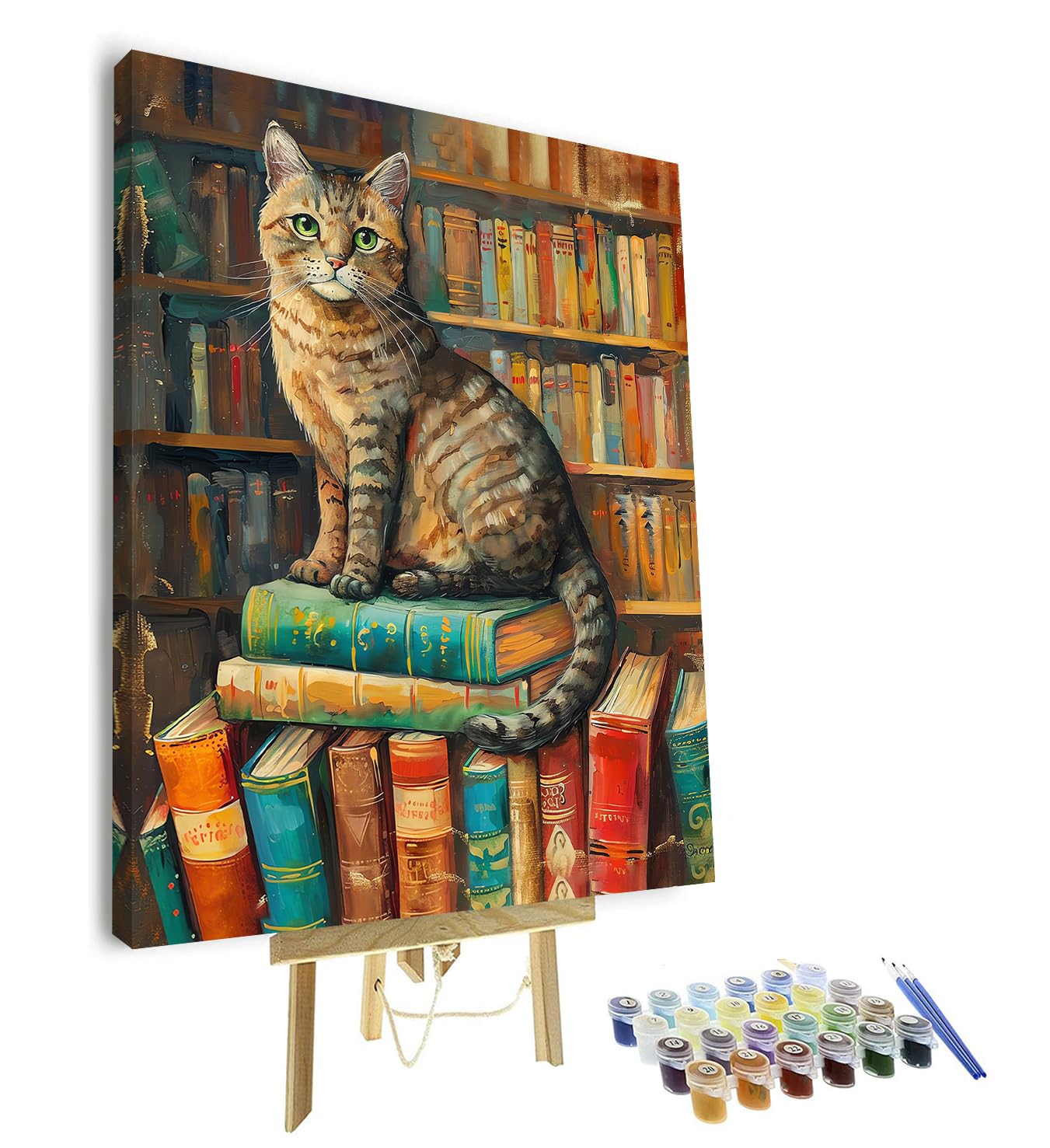 DIY Paint by Numbers on Canvas Cat Sitting on A Stack of Books Painting Kits for Adults Beginner Cat Color by Numbers for Adults 16x20 inch Animal Oil Painting Kits Gift(with Frame) — image 1