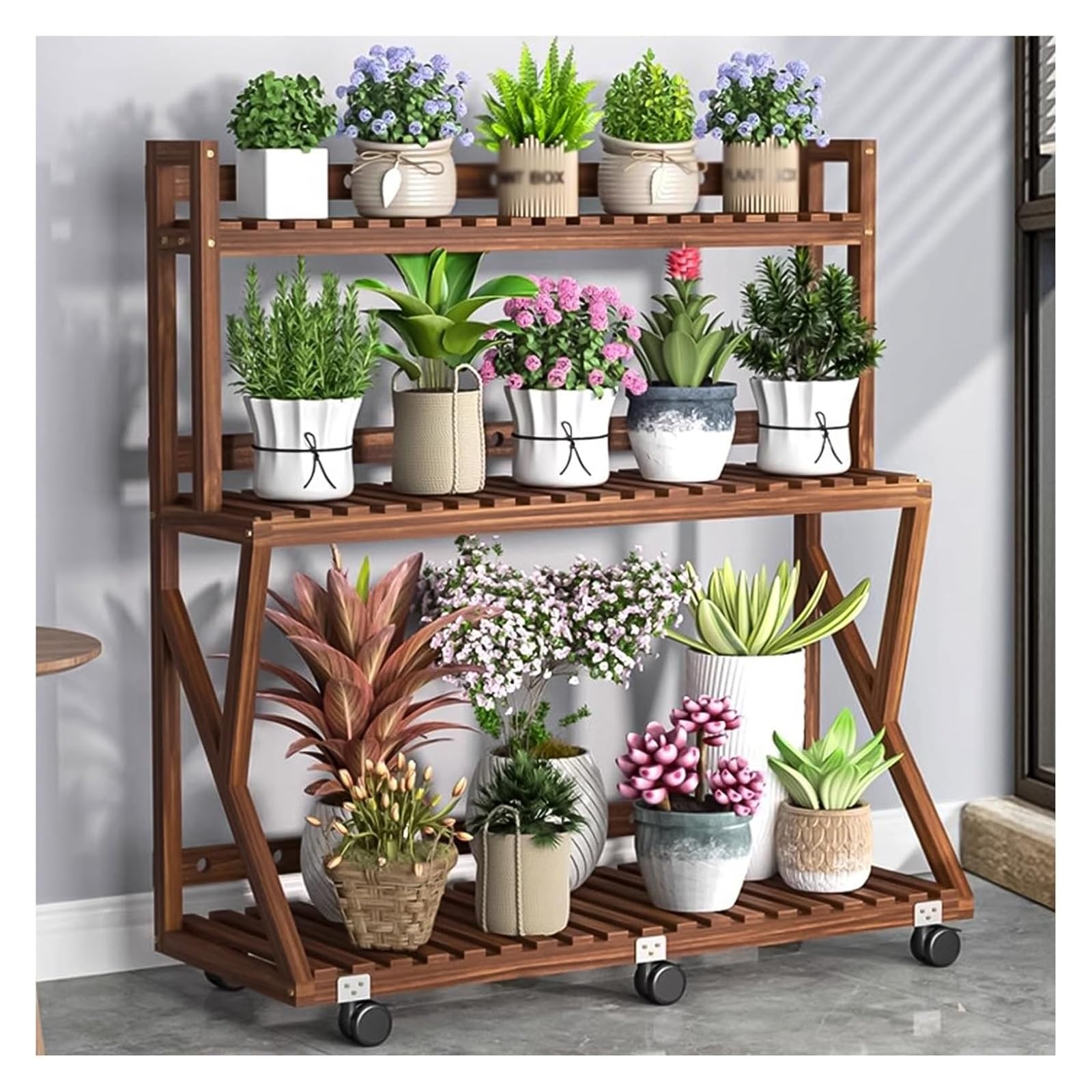 Support pour plantes intérieur à niveaux et étagère fleurs à roulettes