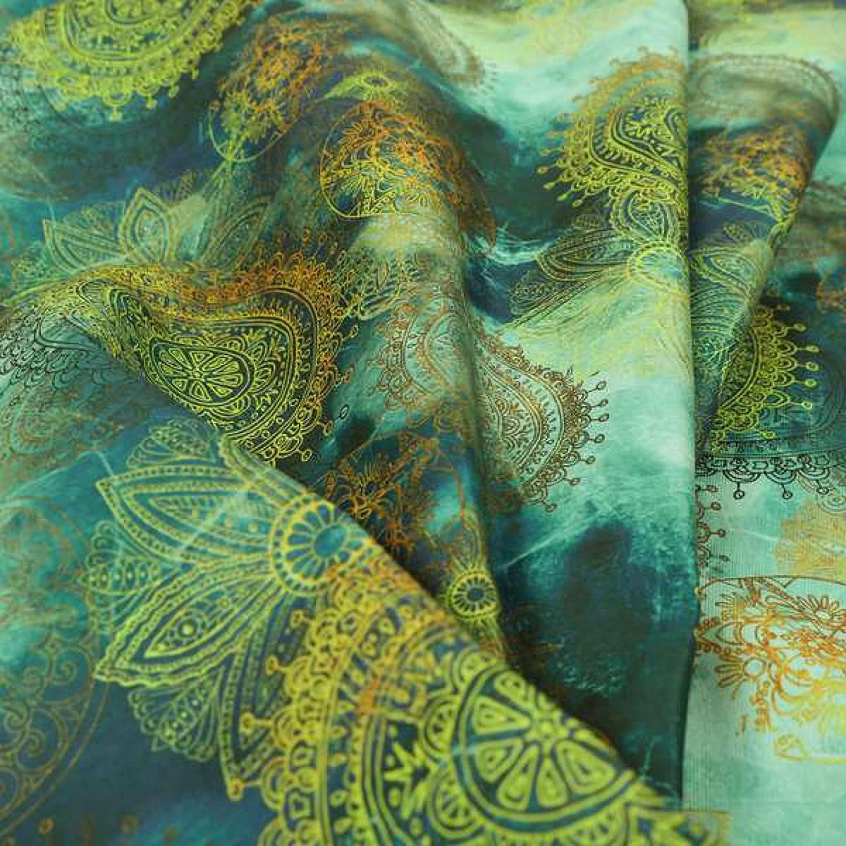 Deep Blue Ocean Green Yellow Circular Pattern Velour Velvet Upholstery Fabrics (10cm x 8cm Sample)