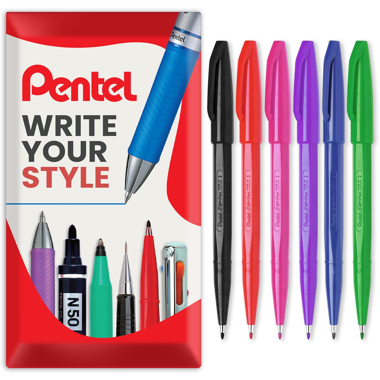 Pentel S520 Original Sign Pen Fibre Tip Marker Fineliner Pens - 2mm Nib, 1mm Line - In Envelope Gift Packaging (Assorted Pack of 6)