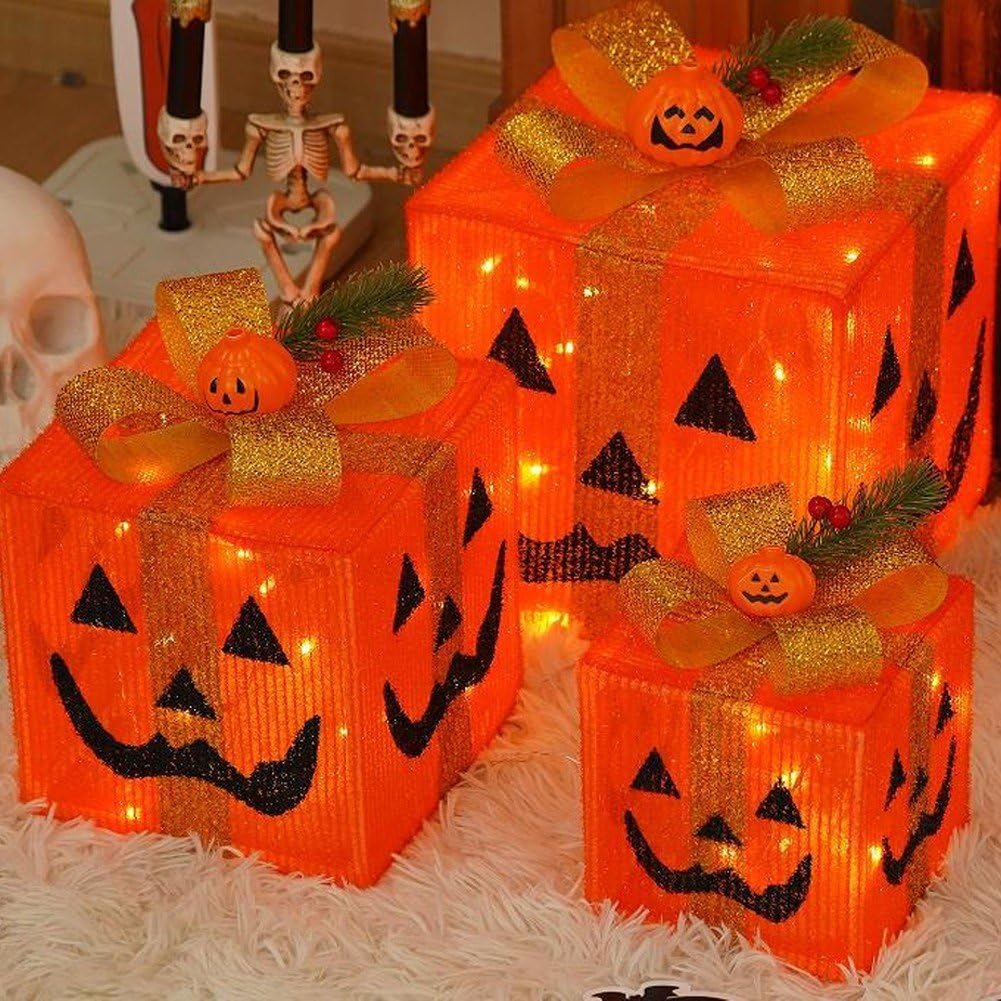 Confezione 3 Decorazioni Luminose a Forma di Zucca di Halloween, Scatola Regalo -o-Lantern con LED, Decorazioni di Halloween, per Casa, Il Giardino E Le Feste.