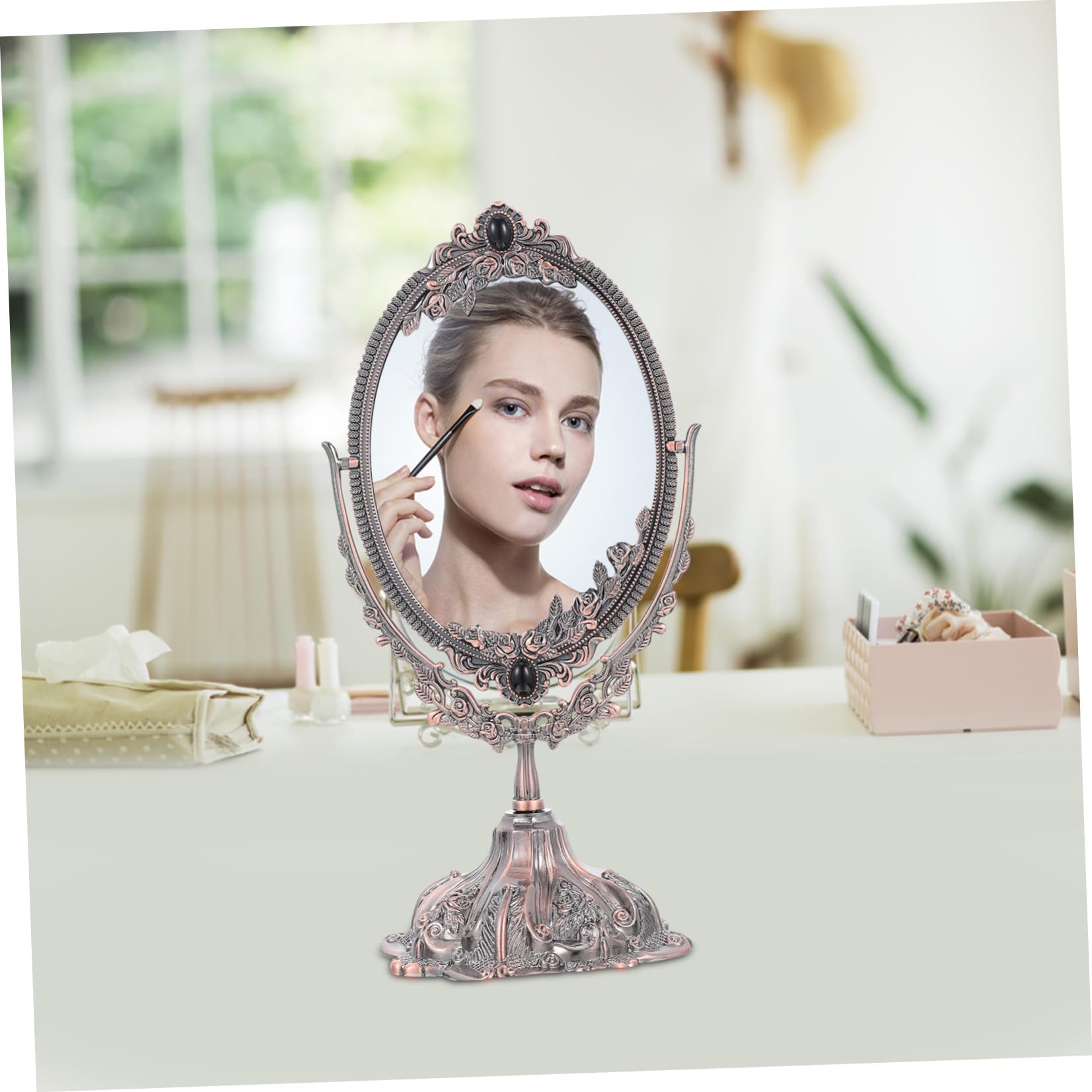DOITOOL Vintage Schminkspiegel mit Doppelseite, Drehbar, Zinklegierung | Stabiler Standfuß, Hohe Detailklarheit, Europäisches Design, für Make Up und Hochzeit