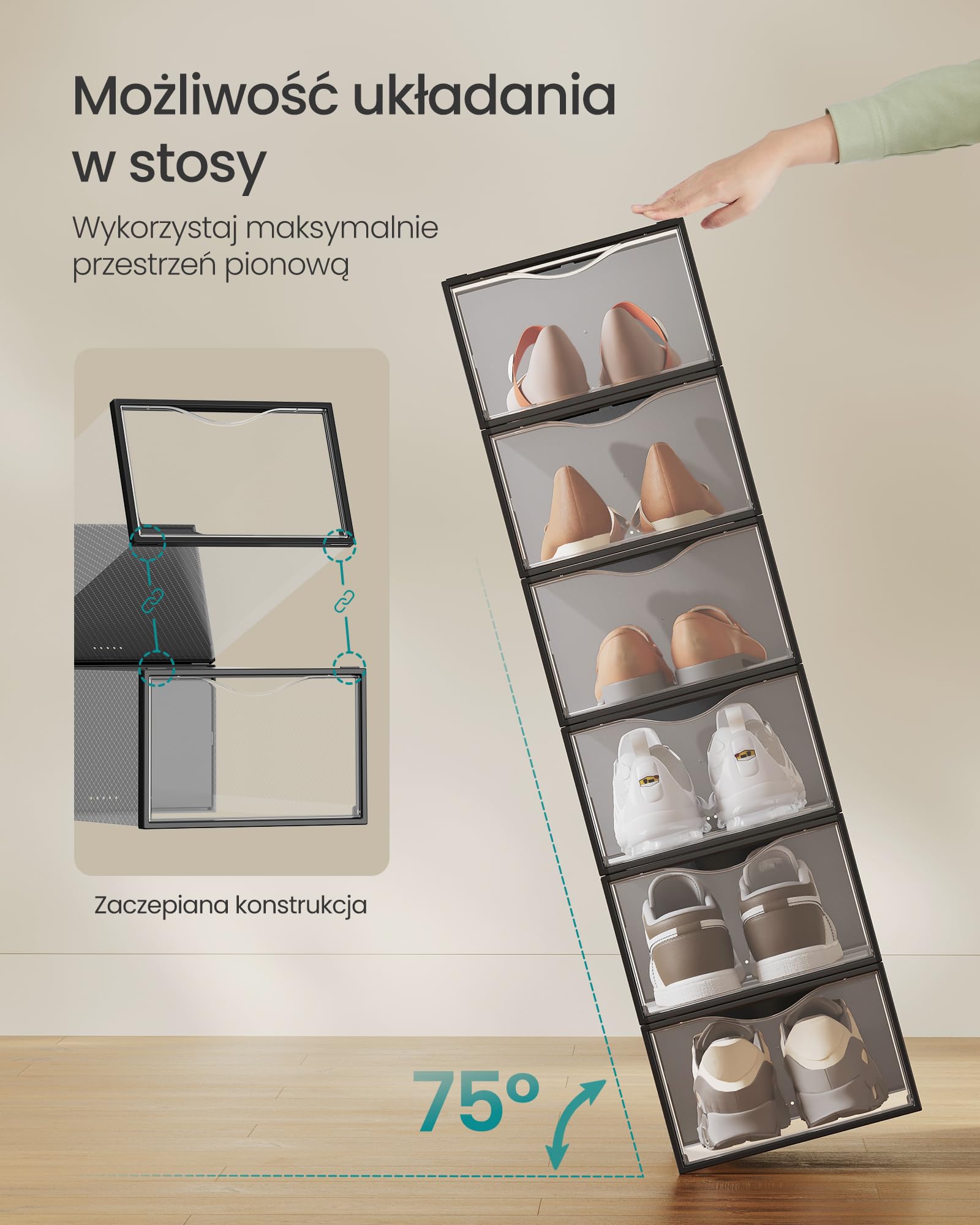 SONGMICS Przezroczyste pudełka na buty, zestaw 12 organów do przechowywania butów, przezroczyste, łatwy montaż, 33,2 x 23 x 14,5 cm, na buty do rozmiaru 42, przezroczyste i czarne atrament LSP312B01