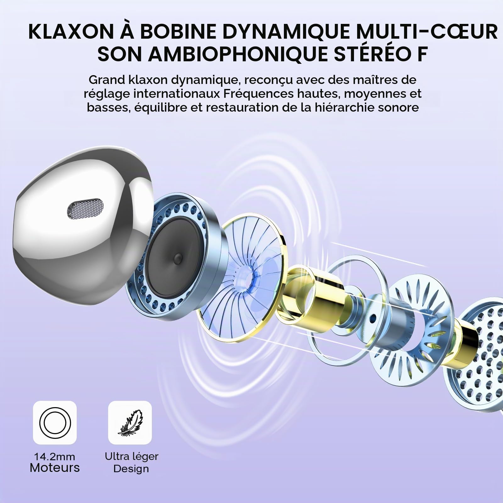 Ecouteurs Bluetooth Sans fil, Écouteurs Bluetooth 5.4, Oreillette Bluetooth HiFi Stéréo avec 4 ENC Mic, Casque Bluetooth Sans fil avec Écran LED, 40H, Étanche IP7 Écouteur, Contrôle Tactile, Violet