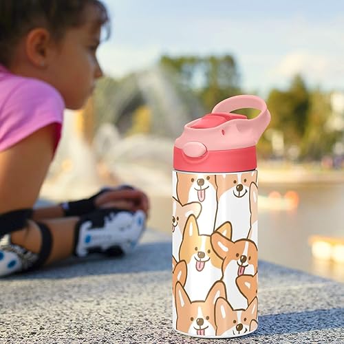 Miniatura 6 de Kigai Cute Corgi Dog - Botella de agua para niños, botellas térmicas de metal reutilizables de acero inoxidable, tapa de popote a prueba de fugas,
