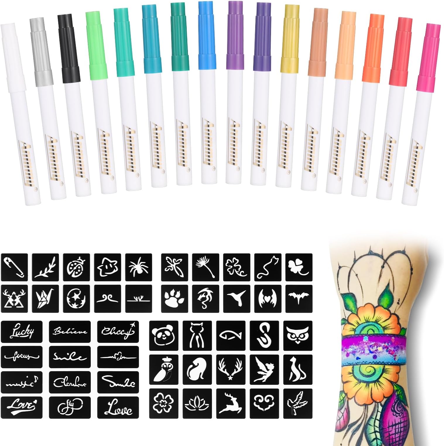 Temporary Tattoo Metallic Markers for Skin,16-Count Body Markers+77 Large Tattoo Stencils of Assorted Colors for kids and Adults,Flexible Brush Tip, Bright colors, Skin-Safe*,Cosmetic-Grade.