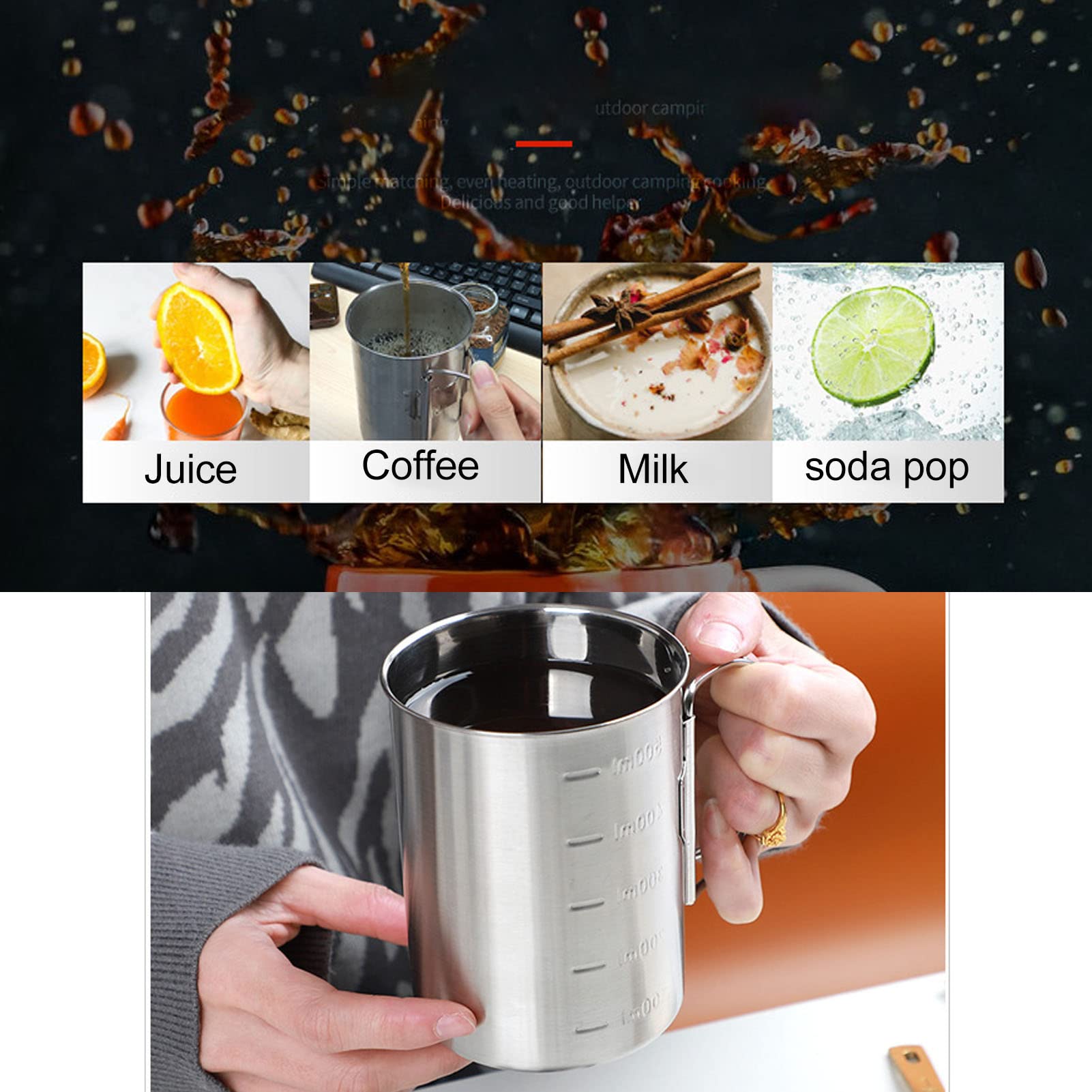 lyrlody Kubek Kempingowy ze Stali Nierdzewnej, Kubek z Uchwytem, ​​składanymi Uchwytami i skalą Objętości, Składany z pokrywką, na Piknik Kempingowy (500ML)