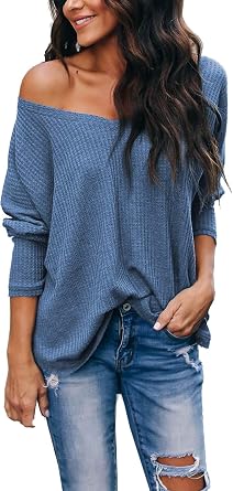 iGENJUN Womens Casual V-Neck Off-Shoulder Batwing Sleeve Pullover Sweater Tops