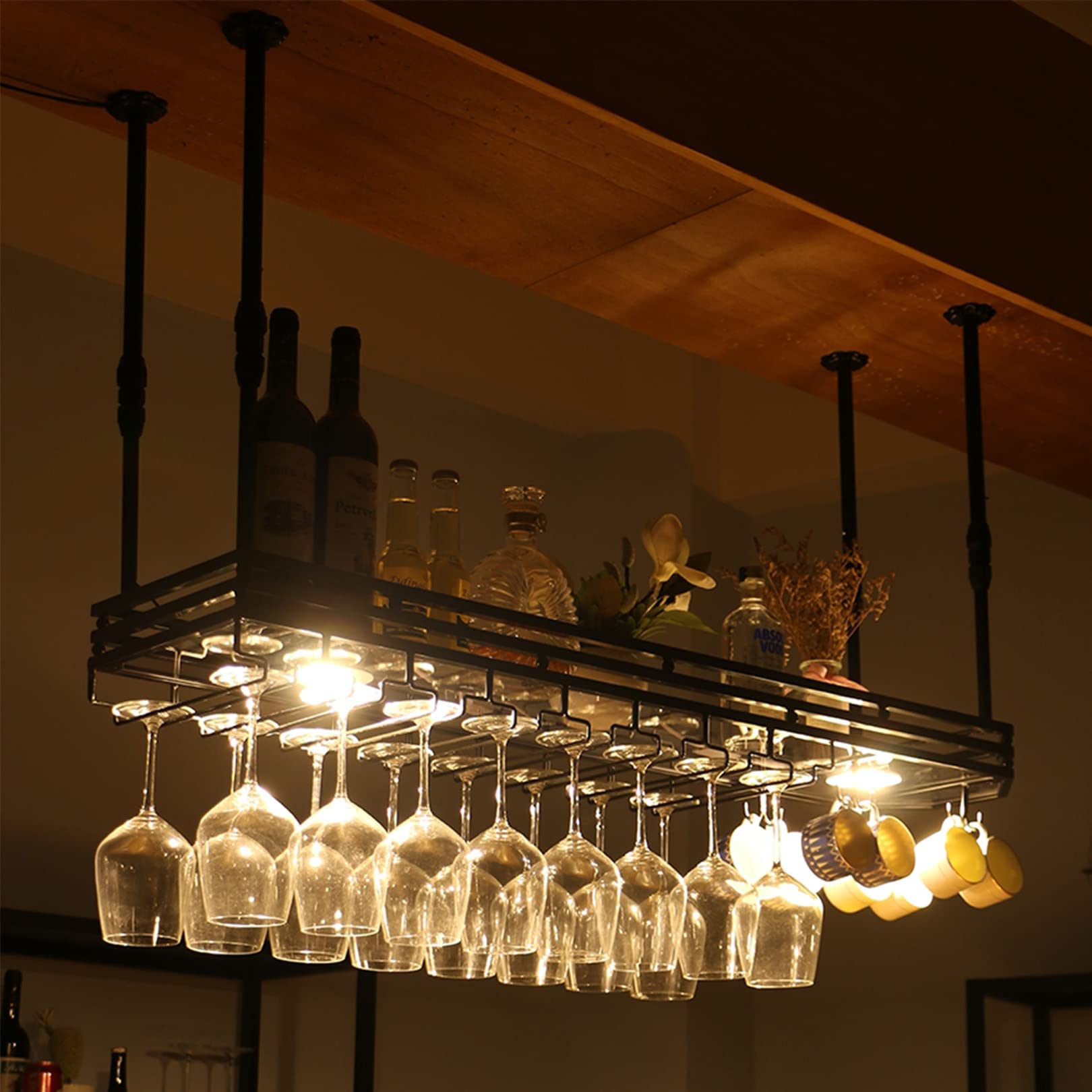 Botellero Industrial Ajustable para Techo con Luces LED y Soporte para Copas. Estante de Pared para almacenar vinos, Ideal para Cocina y Bar. Ideal para Amantes del Vino.