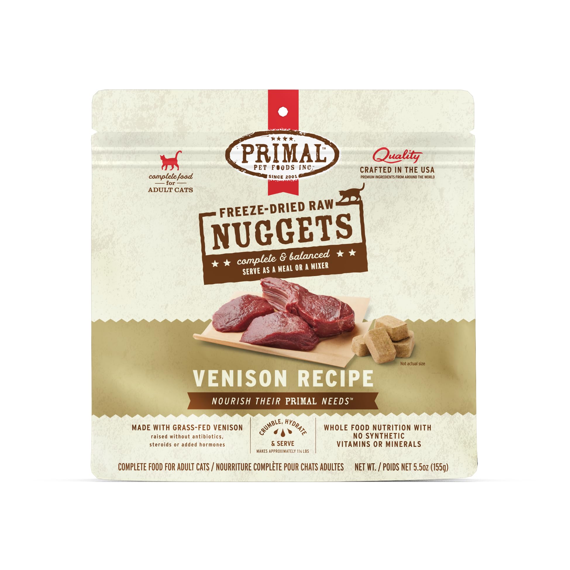 Primal Pet Foods Freeze Dried Cat Nuggets Venison; Complete & Balanced Meal or Topper; Premium, Healthy, Grain Free, High Protein Raw Cat with Probiotics (5.5 oz)