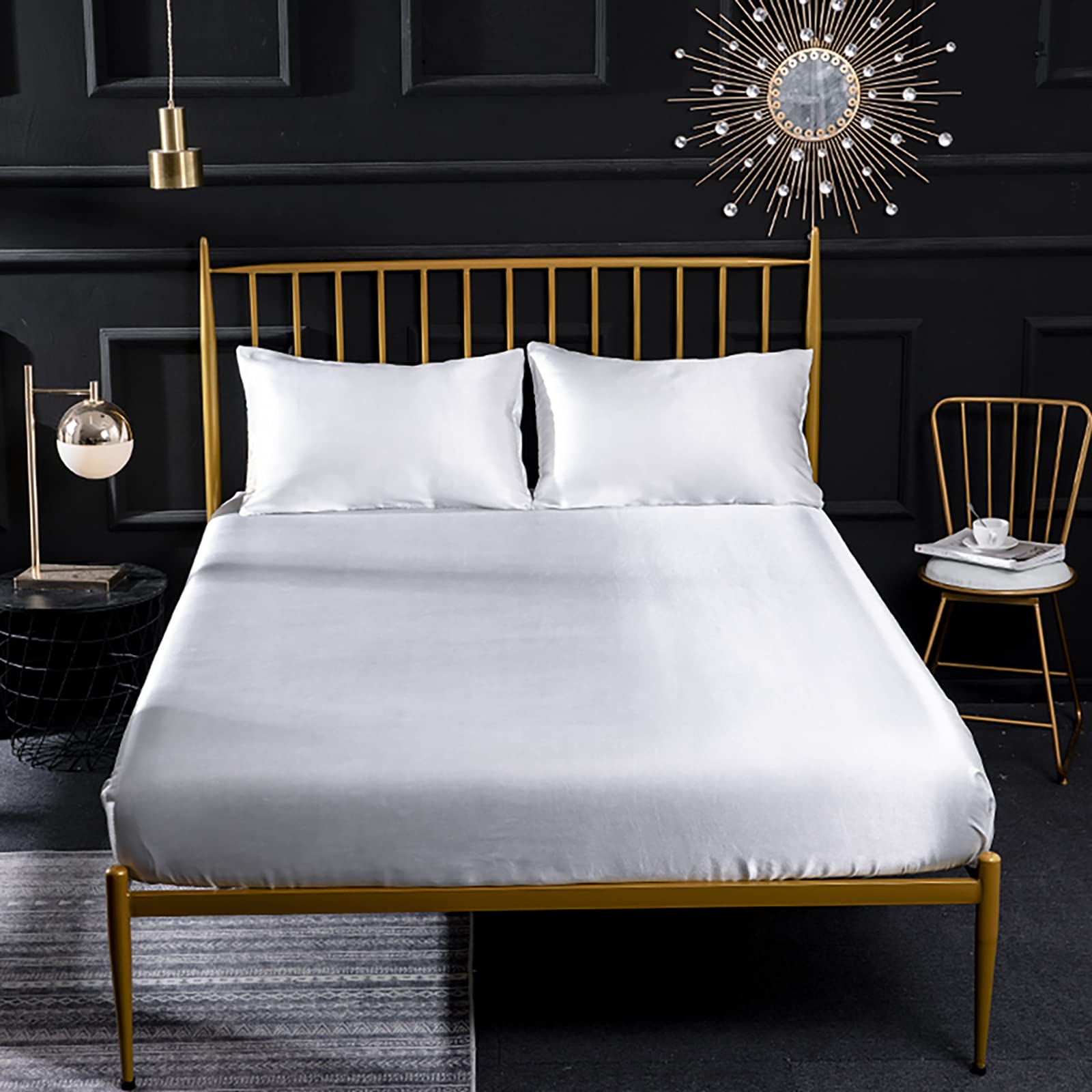 Jemiipee Spannbettuch Einfarbig Satin Seide Glänzend Betttuch Leintuch 200x200 cm für Matratzen bis 35cm Spannbettlaken Set 4teilig mit Bettlaken, Spannbettuch, 2 Kissenbezüge - Weiß