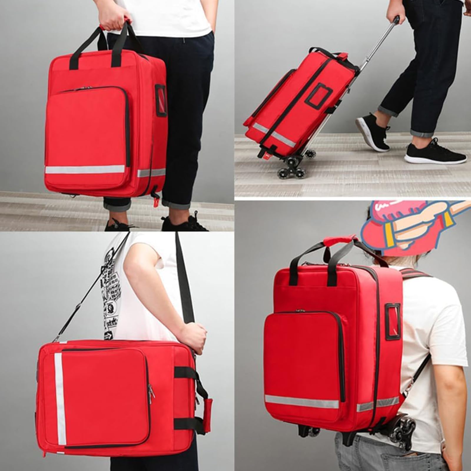 Mochila médica de gran capacidad con asa desmontable y ruedas para primeros auxilios de emergencia y respuesta al trauma