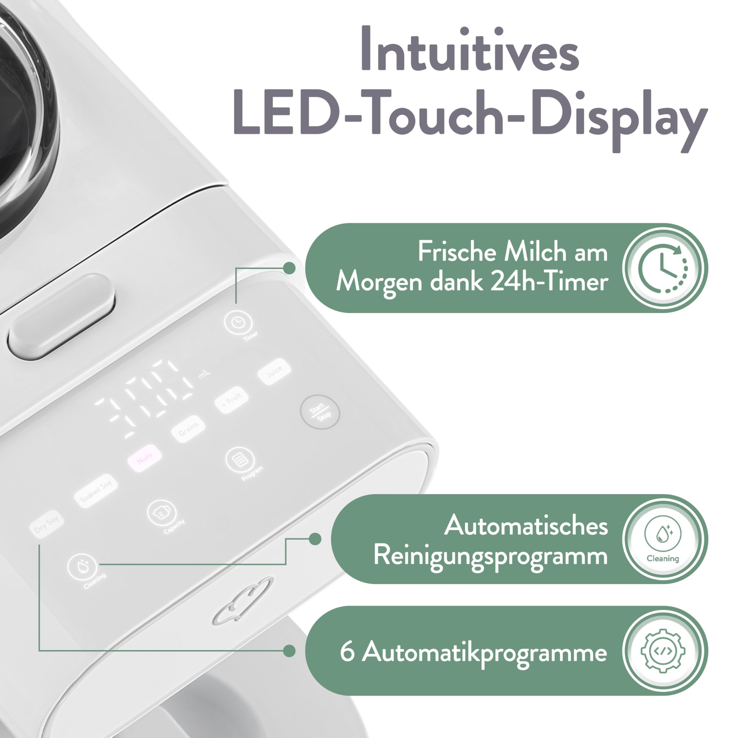 Springlane Pflanzenmilchbereiter Mila 600ml – 6 Programme + automatischer Reinigungsfunktion – LED-Touch-Display inkl. Timer, Kochmixer für Nussmilch, Sojamilch & Haferdrinks inkl. Sieb & Rezeptbuch