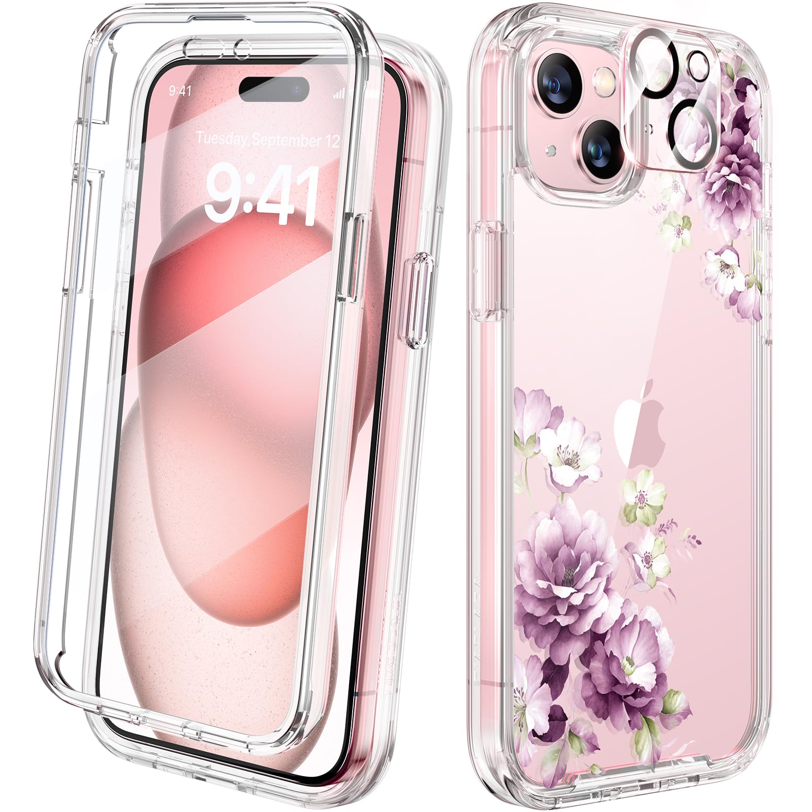 Diaclara Designed for iPhone 15 Case, Full Body Rugged Case with Built-in Touch Sensitive Anti-Scratch Screen Protector, with Camera Lens Protector for iPhone 15 6.1" (Peony)