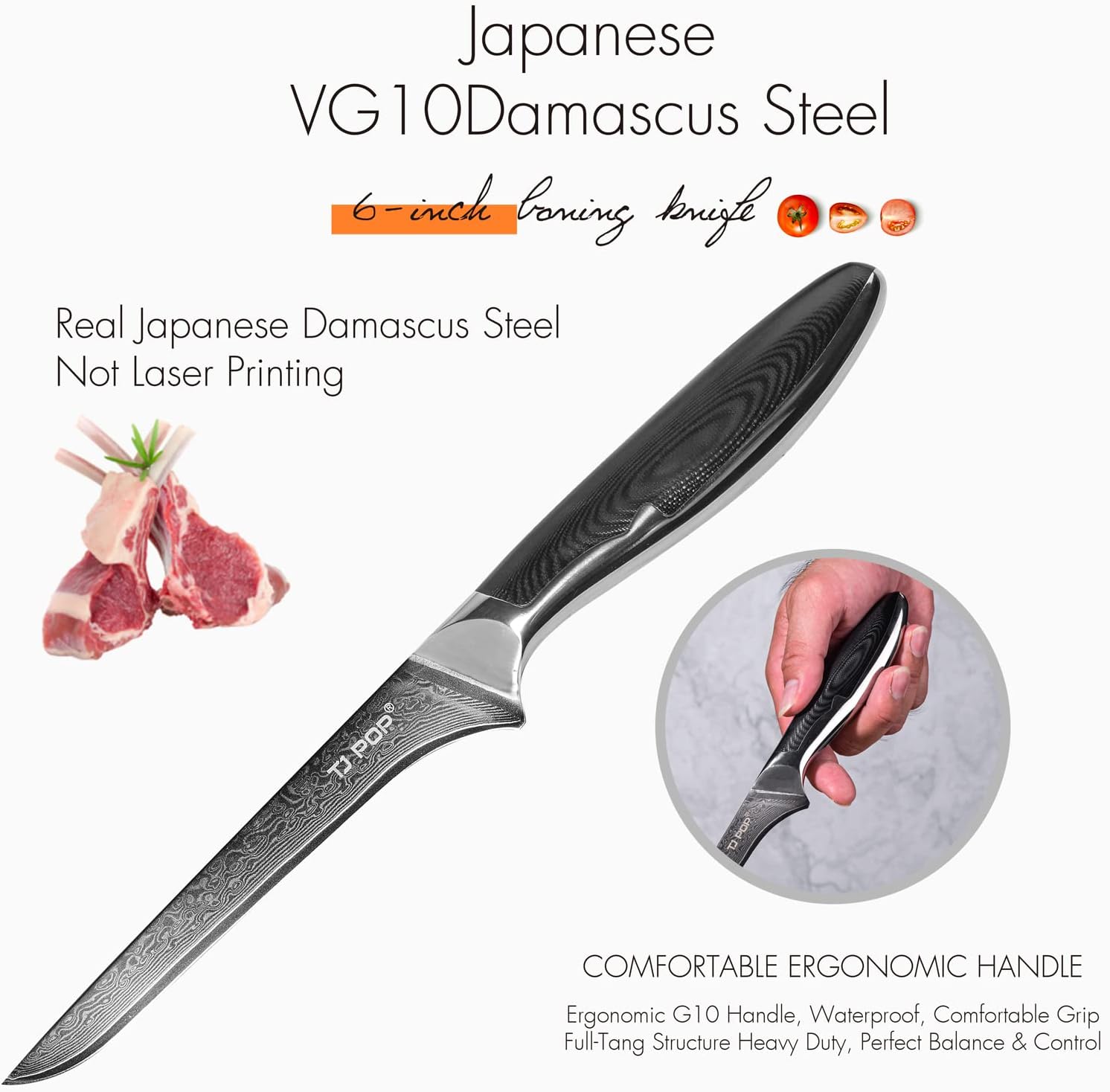 TJ POP Damascus Boning Knife, Ultra Sharp Fillet Knife for Fish and Meat, Full-tang Designed, Japanese VG-10 Steel Blade, Comfort Grip Non-slip G10 Handle