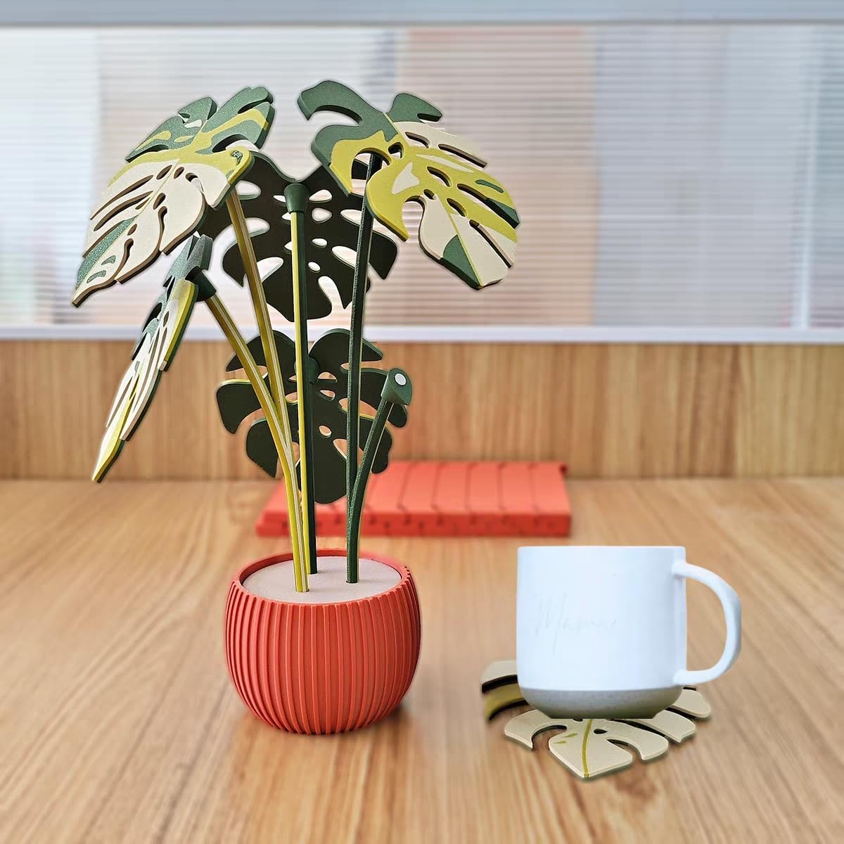 6-Piece 3D Printed Magnetic Coaster Set, Coffee Coaster Anti scalding mat for Dining Table with Monstera Green Plant Shape (Yellow-A)
