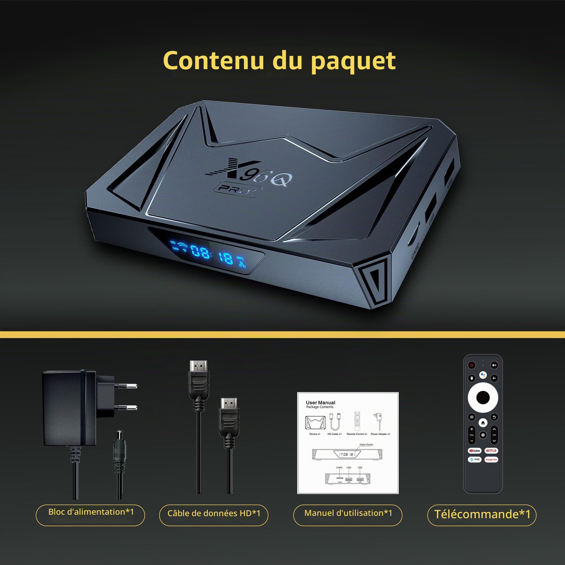 X96Q Pro+ TV Box 64 bit OS Android 14.0 4GB RAM 32GB ROM All Winner H728 Huit cœurs Arm Cortex A55 Mali G57-MC1 1000M Ethernet WiFi6 Dual WiFi 2.4G/5G 8K BT5.x USB 3.0