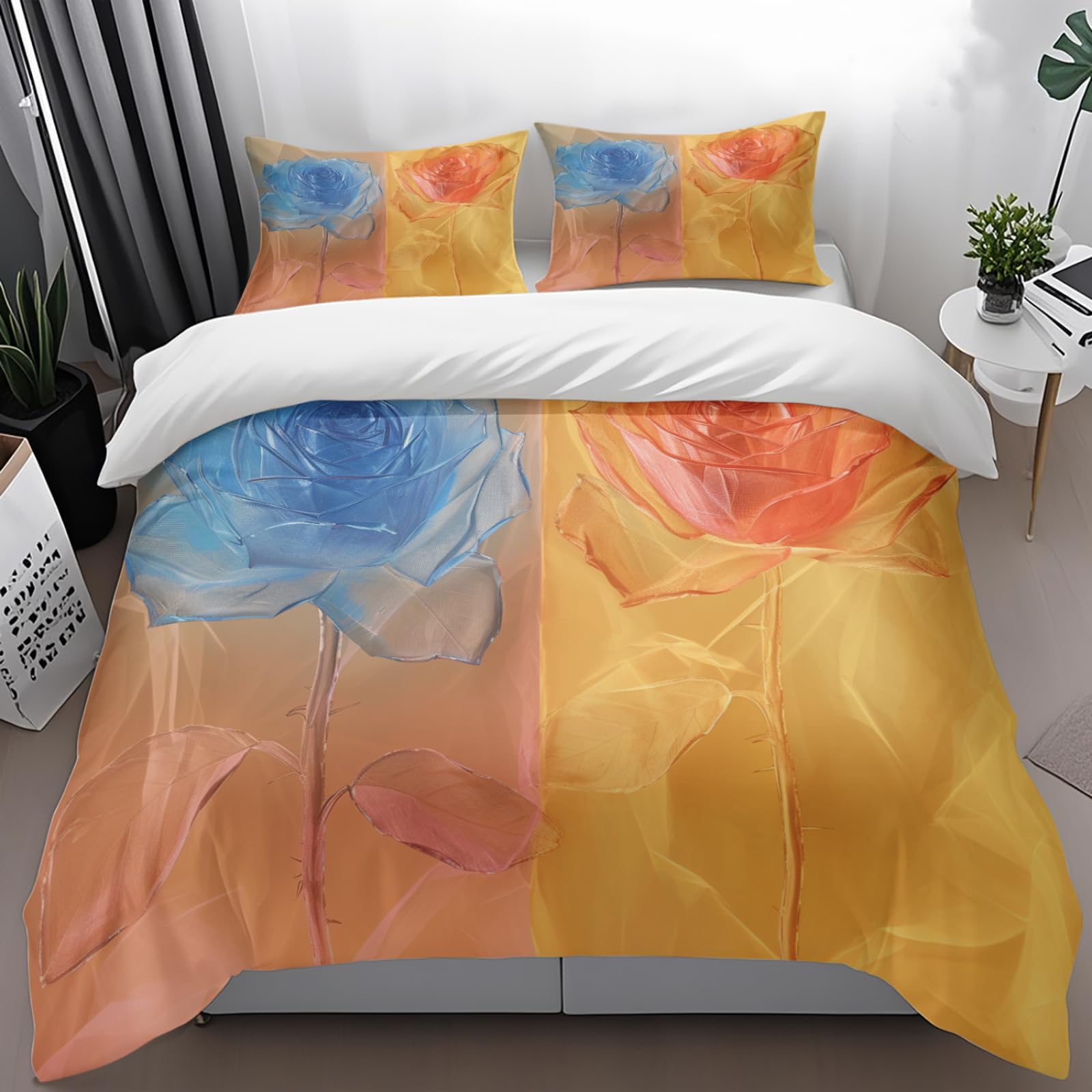 Housse de couette 220x240 orange et bleu ciel en microfibre douce avec 2 taies d'oreiller
