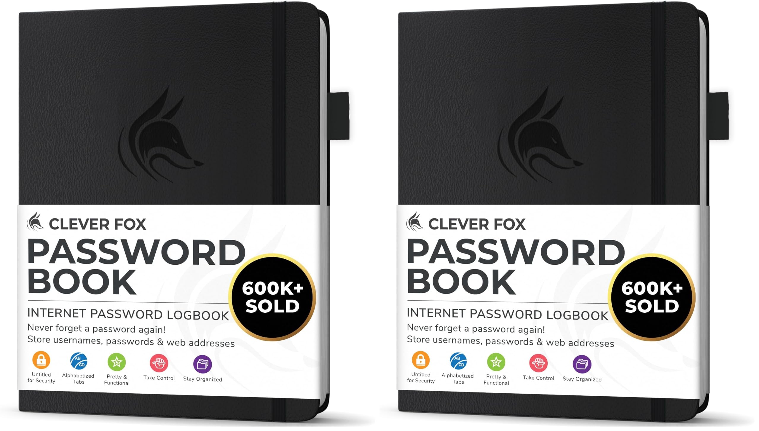 Clever Fox Password Book with alphabetical tabs. Internet Address Organizer Logbook. Small Pocket Password Keeper for Website Logins (Black) (Pack of 2)