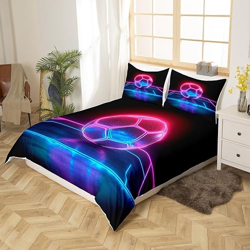 Miniatura 2 de Manfei Juego de funda de edredón de fútbol americano, tamaño Queen, funda de edredón de fútbol neón con 2 fundas de almohada, juego de ropa de cama